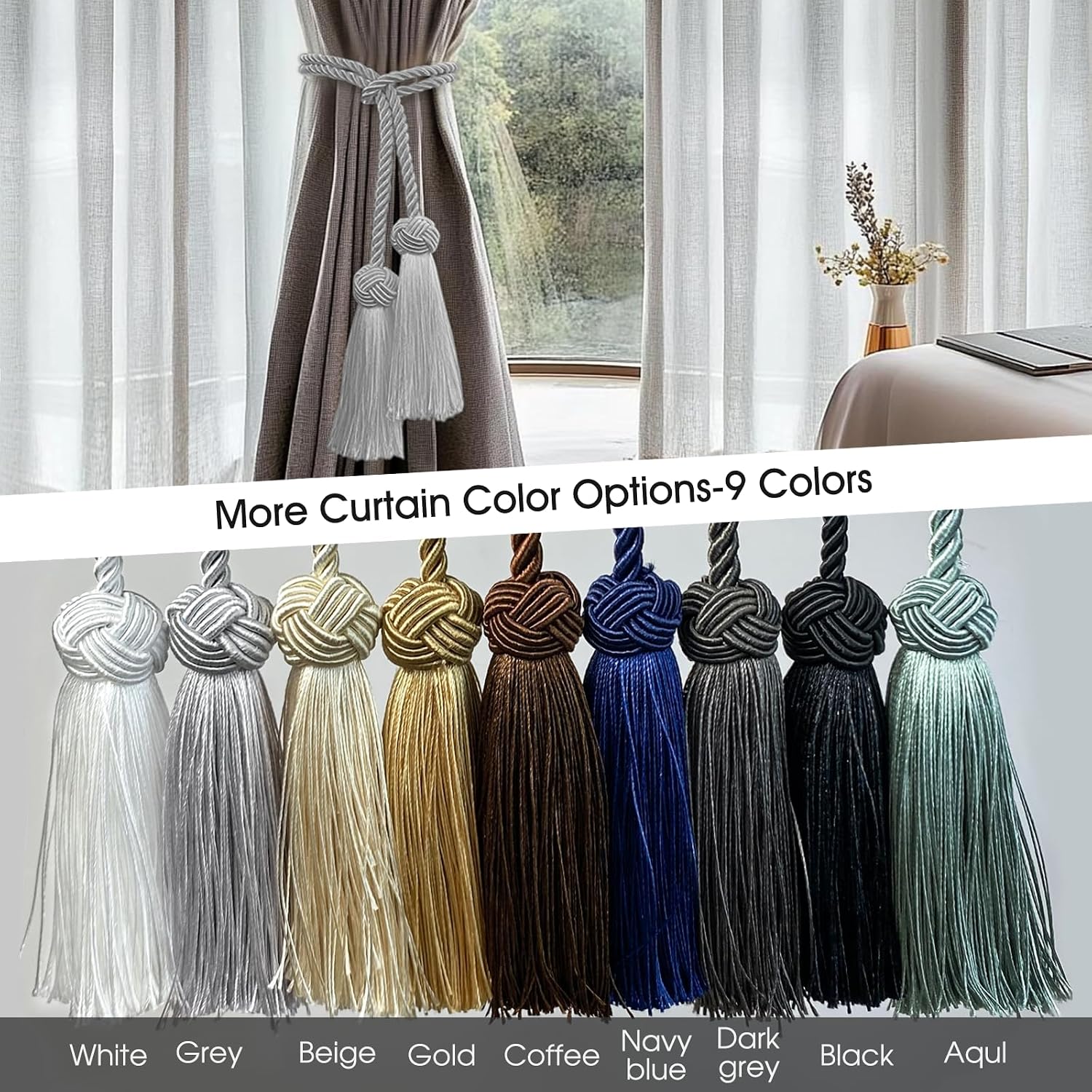 4 Pack Curtain Tassel Tiebacks, Curtains Tie Back Rope with Tassels, Handmade Decorative Curtain Holdbacks for Window Drapes - Grey