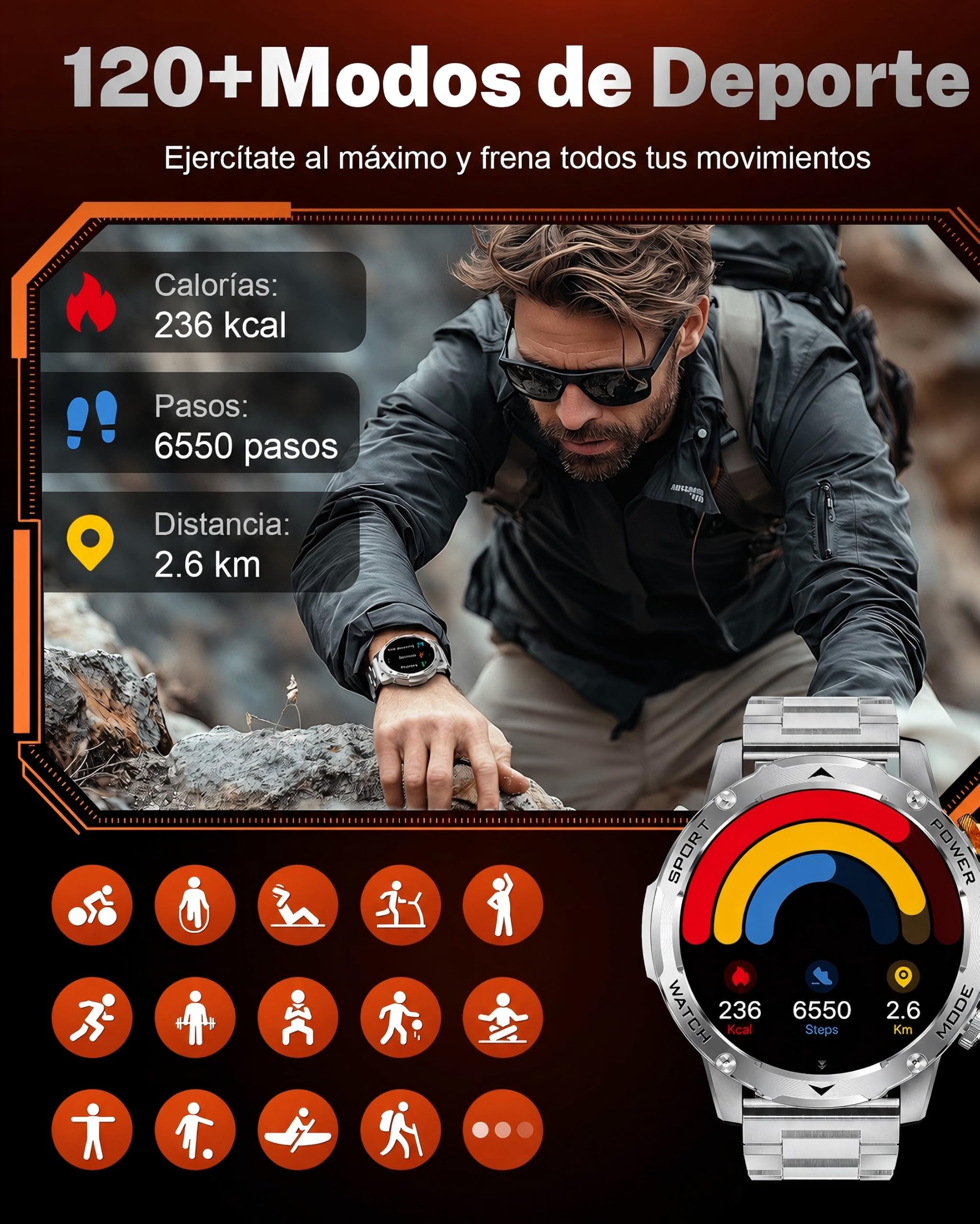 LIGE Reloj Inteligente Hombre 1000mAh/Linterna LED, 1.75" HD, Plata