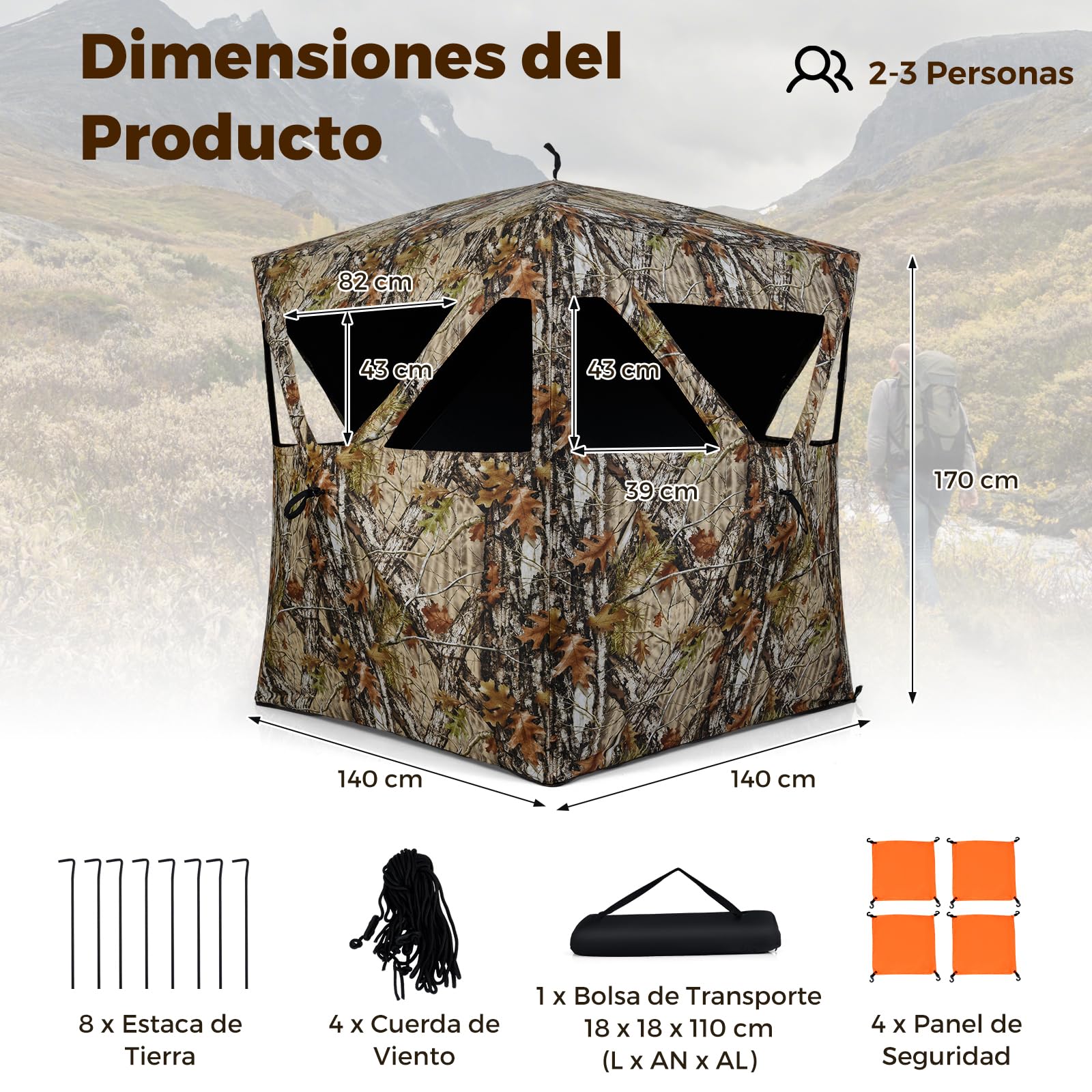 GOPLUS Persiana de Caza Camuflaje para 2 Personas, Puesto de Caza Portátil con Ventanas Silenciosas, Paneles de Seguridad, Bolsa de Transporte, Tienda de Campaña Estor Emergente, Ciervos Pavos