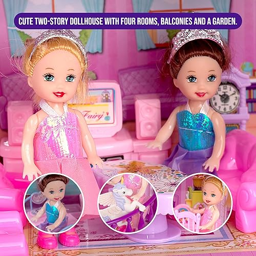 Miniatura 5 de Casa de muñecas con 2 princesas, 4 unicornios, perro, muebles y accesorios – Casa de muñecas de ensueño rosa y morado juguete para niñas pequeñas