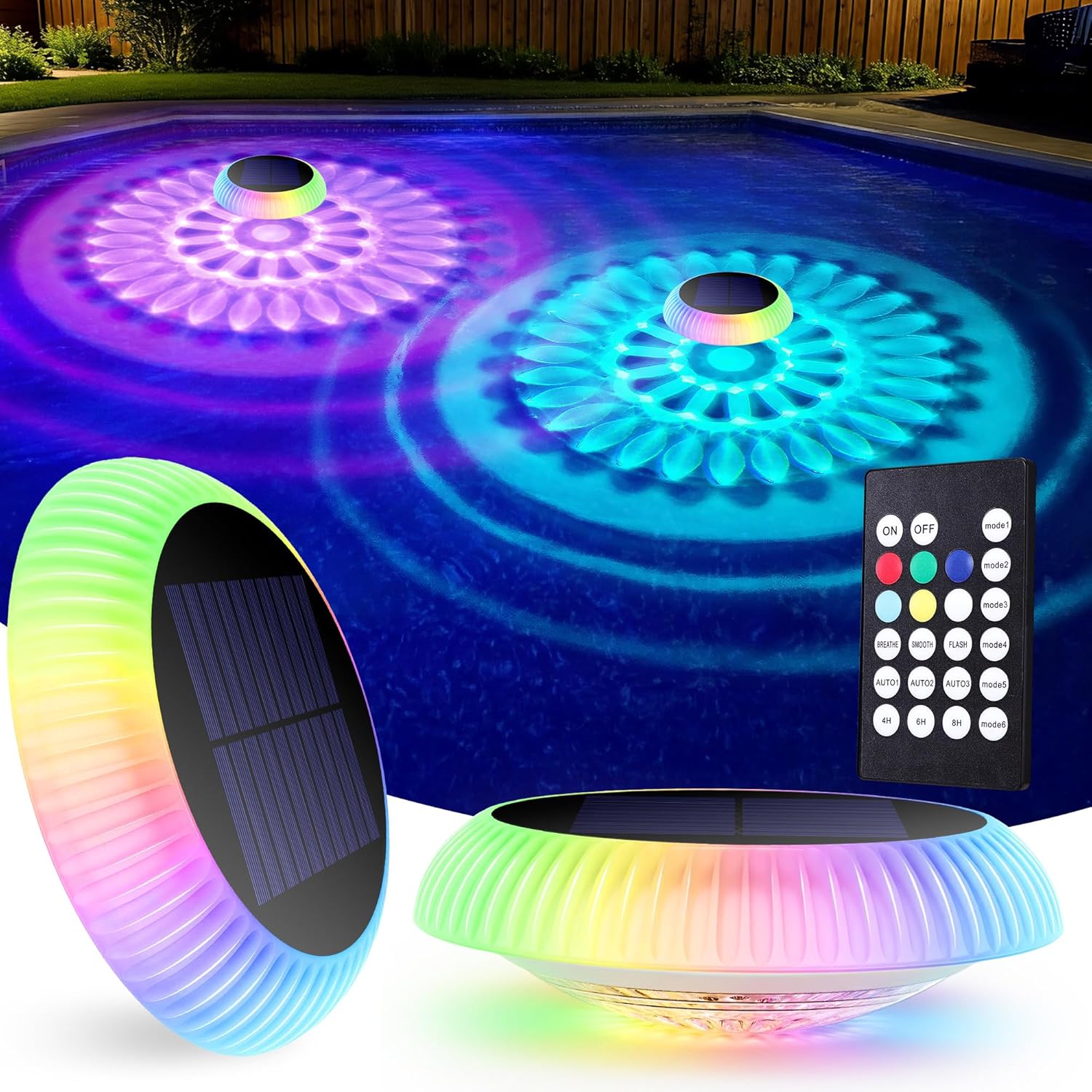 Brizled Solar Pool Light, 2 Pack 6.4in Color Changing Floating Pool Light with Top & Bottom Glow, IP67 Waterproof LED Solar Floating Lights with Remote for Inground/Above Ground Swimming Pool, Bathtub