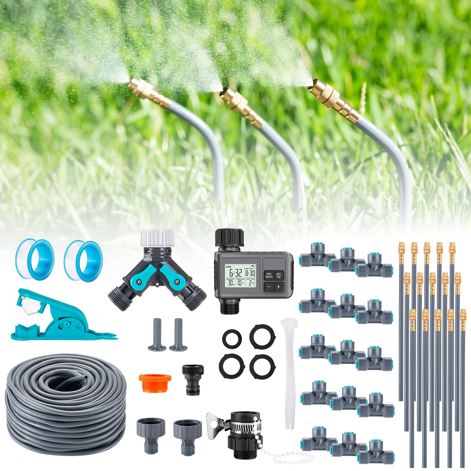 Garten Bewässerungssystem 360° Frei Verstellbar mit Bewässerungscomputer Tropfbewässerung Präziser Durchflussregelung, Sprinklersystem für Gewächshaus, Hochbeet, Terrasse, Balkontopfpflanzen
