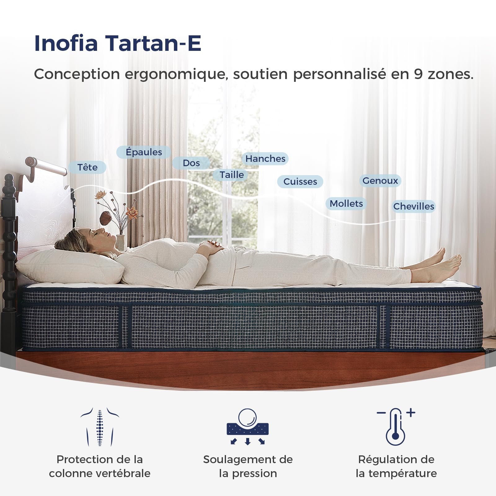 Inofia Matelas 140x190 Tartan-E,7zones,Matelas à Ressorts ensachés avec Mousse à mémoire de Forme orthopédique,Gel rafraîchissant HermoReg,Housse VitaFlow 3D - 28 cm,Certifié ÖKO-TEX® Essai100nuits