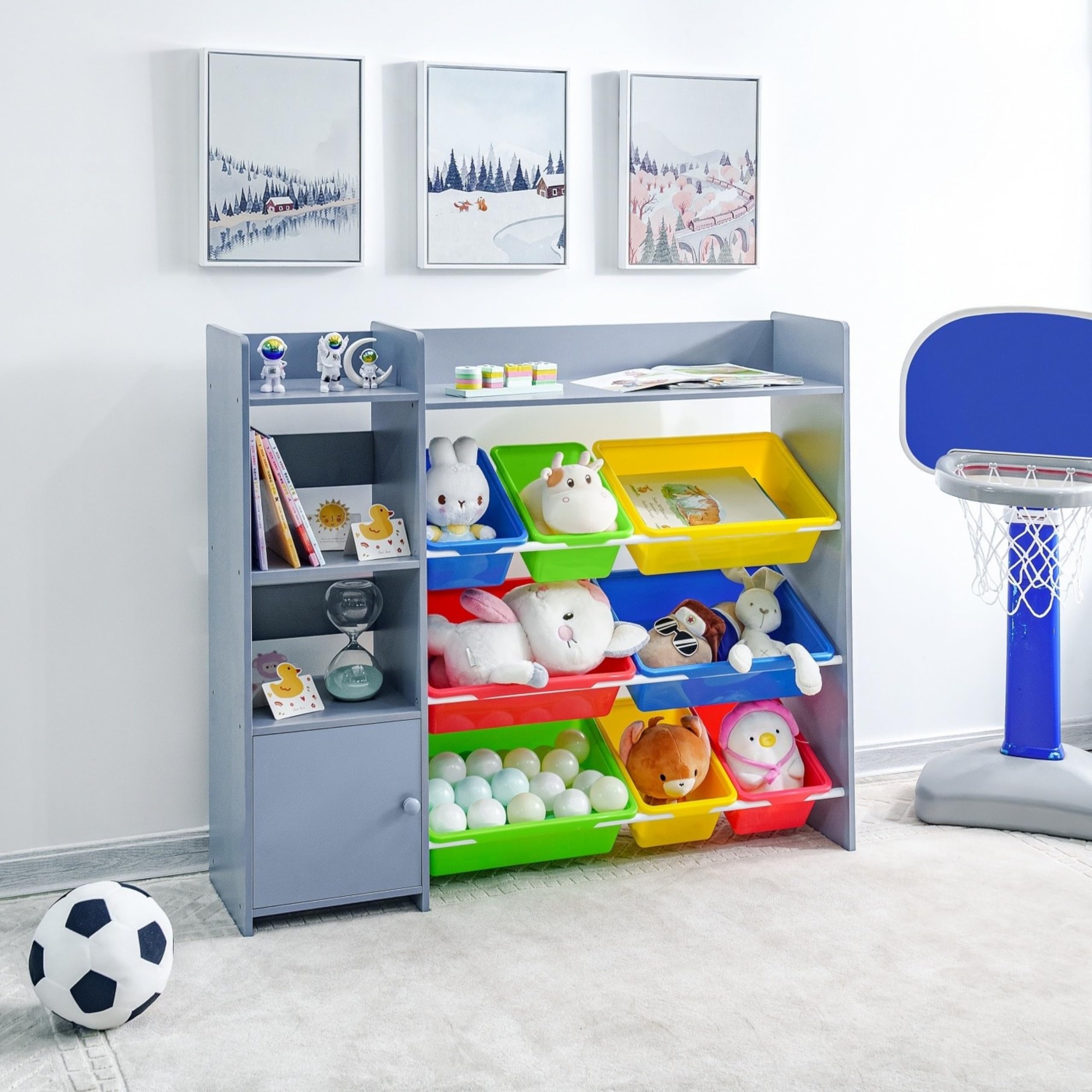 Ponsalion Kids Toy Storage Organizer Bookshelf Bin - Large Capacity 4-Tier Toy Organizers with 8 Removable Bins and Storage Cubbies for Playroom, Bedroom, Classroom-Grey