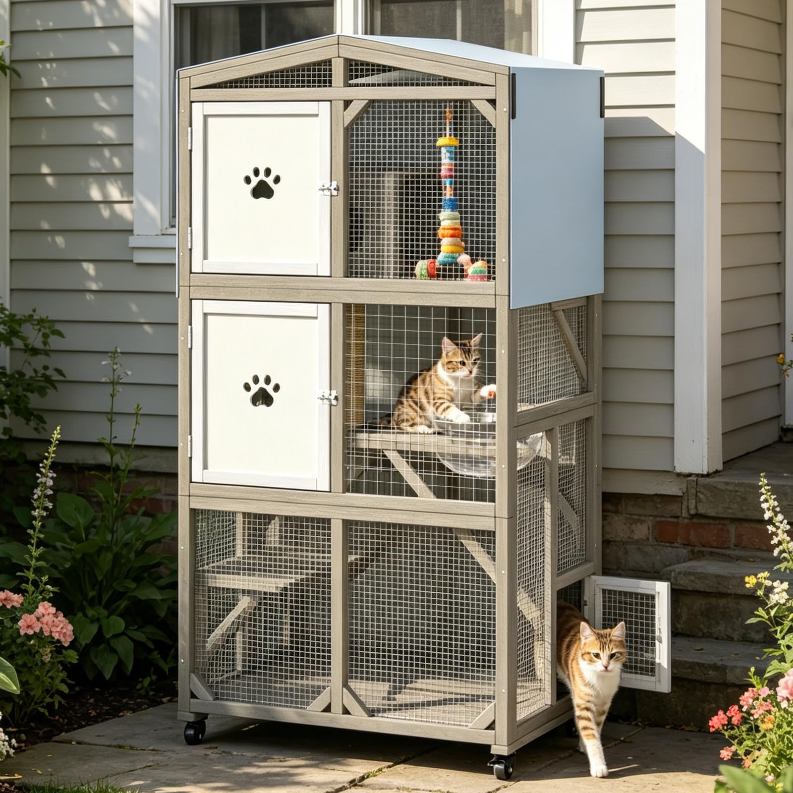 Ketive 66" H Large Wooden Catio Outdoor Cat Enclosure with Wheels