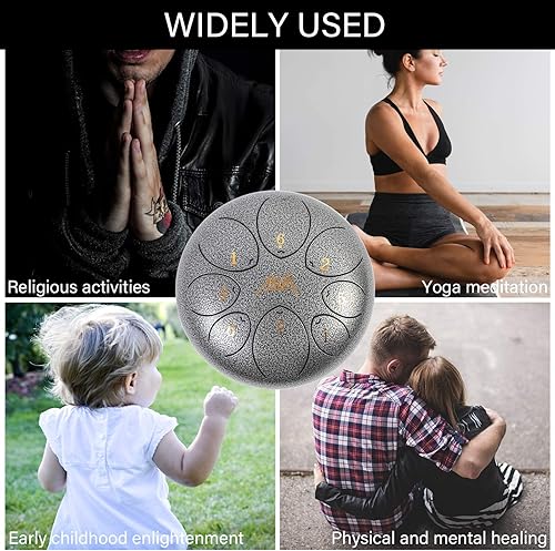 Vista 20 de AKLOT - Tambor de lengua de acero, 10 pulgadas, 11 notas, tambor de tanque de percusión C, kit de tambor de acero de percusión con mazos de tambor