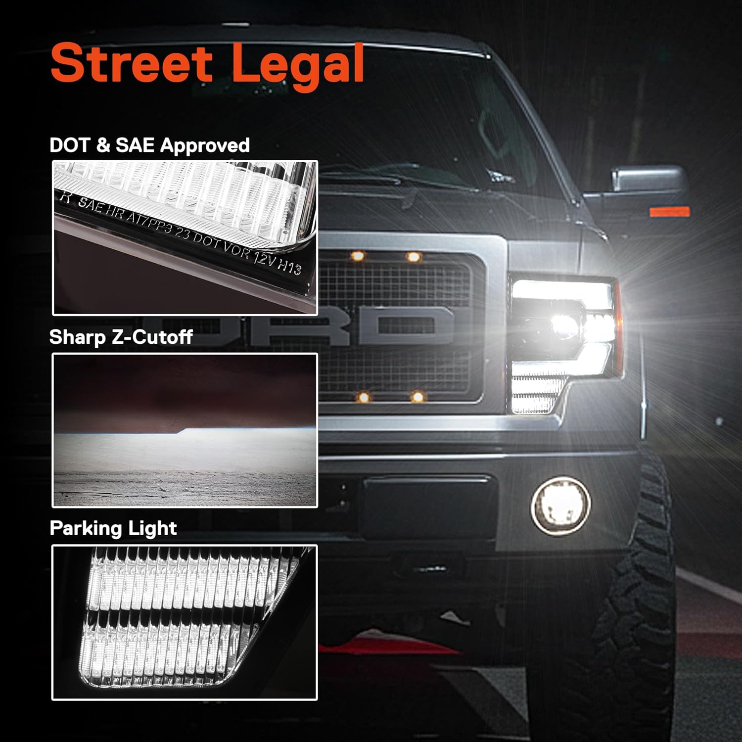 TRUE MODS Black Full LED Headlight Assembly Replacement for 2009-2014 Ford F150 Pickup Truck [DOT] White DRL & Amber Turn Signal Driver Passenger High Low Beam Projector Headlamp Bulb Housing