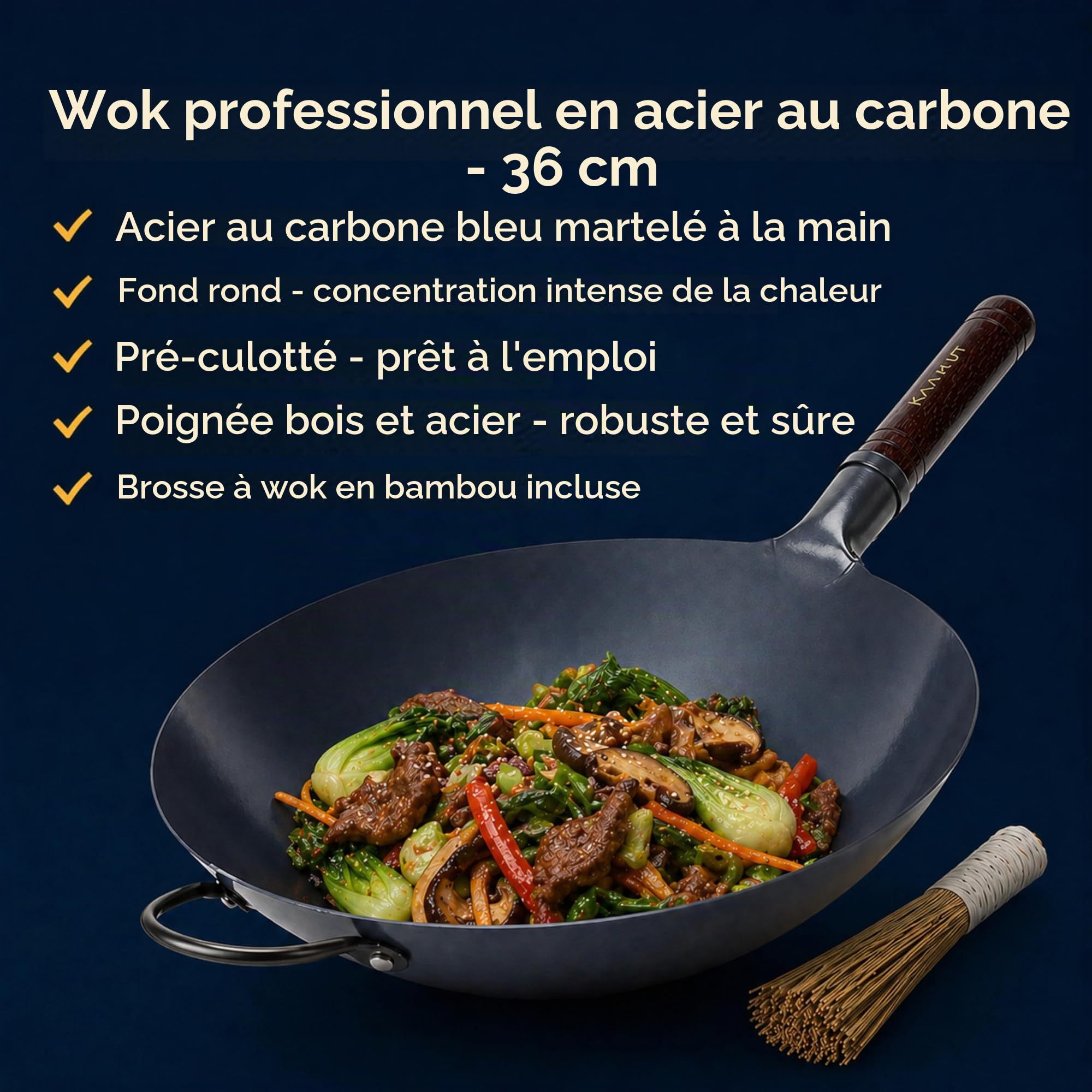 Wok Professionnel 36 cm – Acier Carbone Bleu Martelé à la Main – Fond Rond – Préculotté – Qualité Professionnelle – Manche en Bois & Acier – Brosse en Bambou Incluse