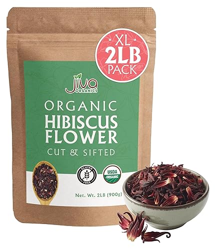 Bolsa jumbo a granel de flores de hibisco orgánicas de 2 libras, 100% pura, cortada y tamizada, sin gluten, sin OMG, no irradiada, sin cafeína,