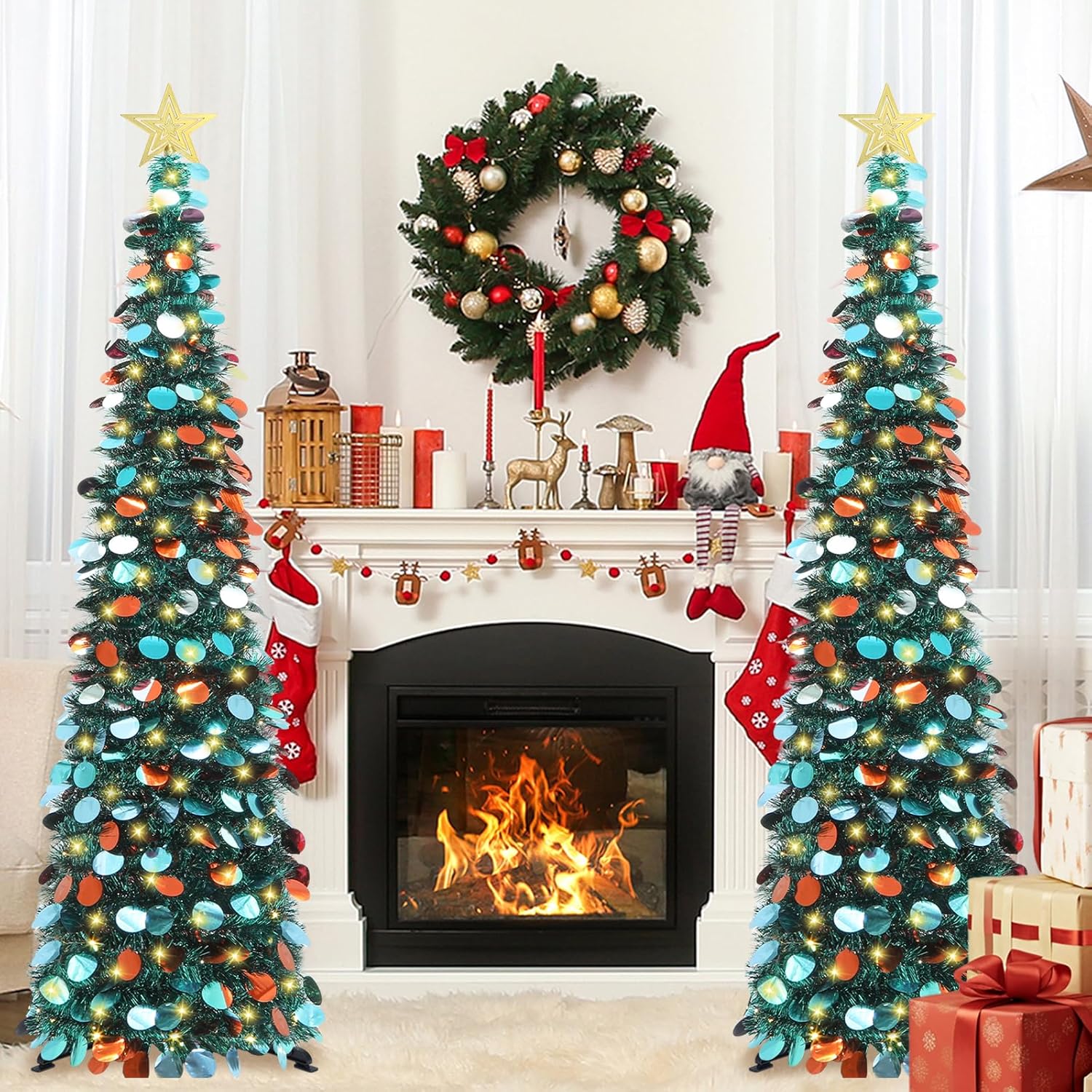 HMASYO 5 FT Pop Up Christmas Tree with Timer Lights, Blue Christmas Tinsel Tree, Collapsible Artificial Pencil Christmas Tree for Indoor Home Apartment Porch Holiday Party Decorations