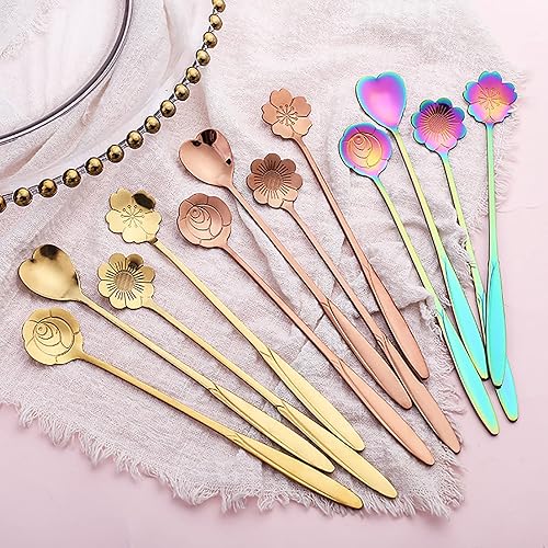 Miniatura 2 de 12 cucharas de flores de mango largo para café, postre para agitar, cucharaditas de hielo, oro, oro rosa, arco iris, cóctel, cucharas de acero
