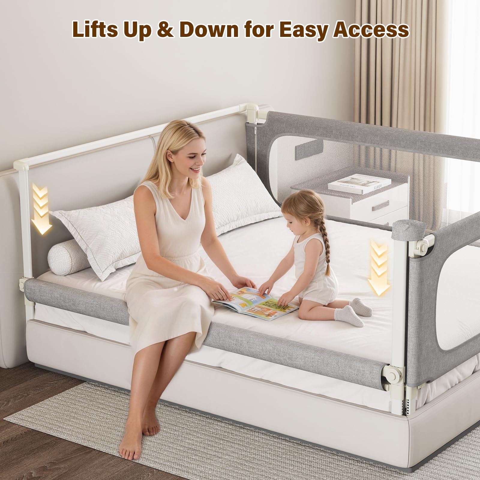 Barrera Seguridad Niños Cama 3 Lados Antiatrapamiento 180x200cm | Varillas en U, Altura Regulable 66–96 cm, con Varillas Sellagrietas, para Camas Boxspring, Niños hasta 5 Años