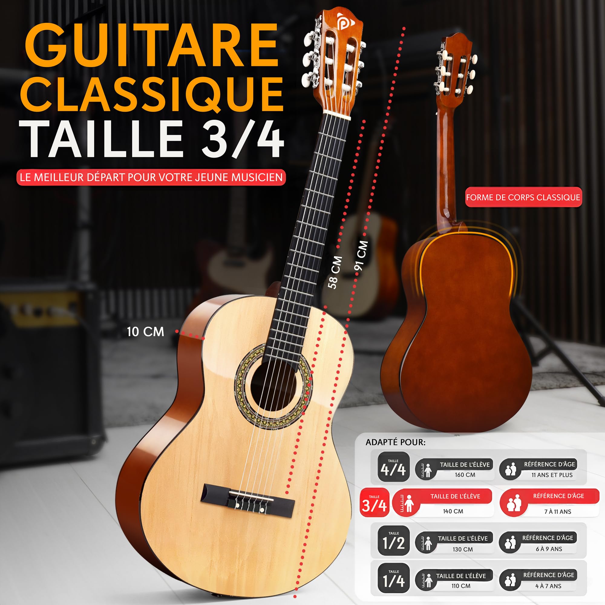Pyle - Kit de Guitare Acoustique pour Débutant - Guitare Enfant/Adulte - Taille Junior 3/4 en Bois Massif - 91,44 cm Frêne Naturel