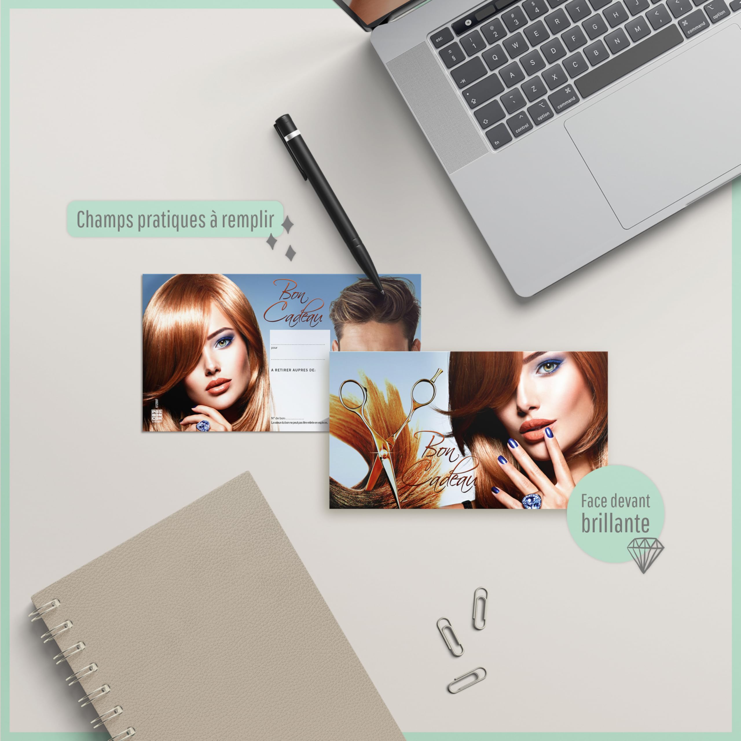 POS BON - 100 bons cadeaux à remplir avec enveloppe/nœud ruban - formulaires imprimés pour des salons de coiffure K1298F2-100-V1