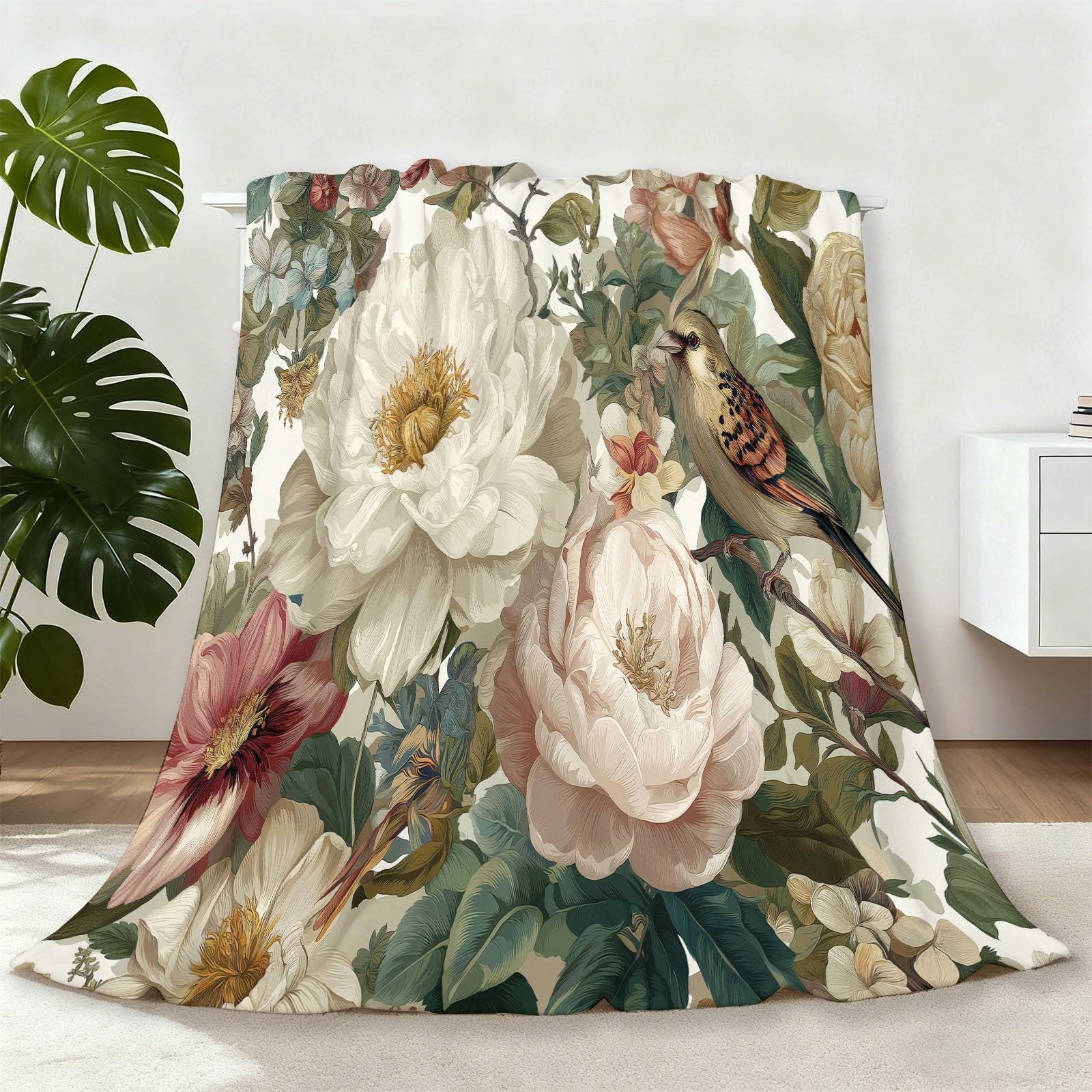 Manta de forro polar de franela, crema suave duradera cálida peluche 200 x 220 cm mantas, vintage plantas enredaderas rosas flores impresión manta franela día de la madre Navidad regalos para mamá