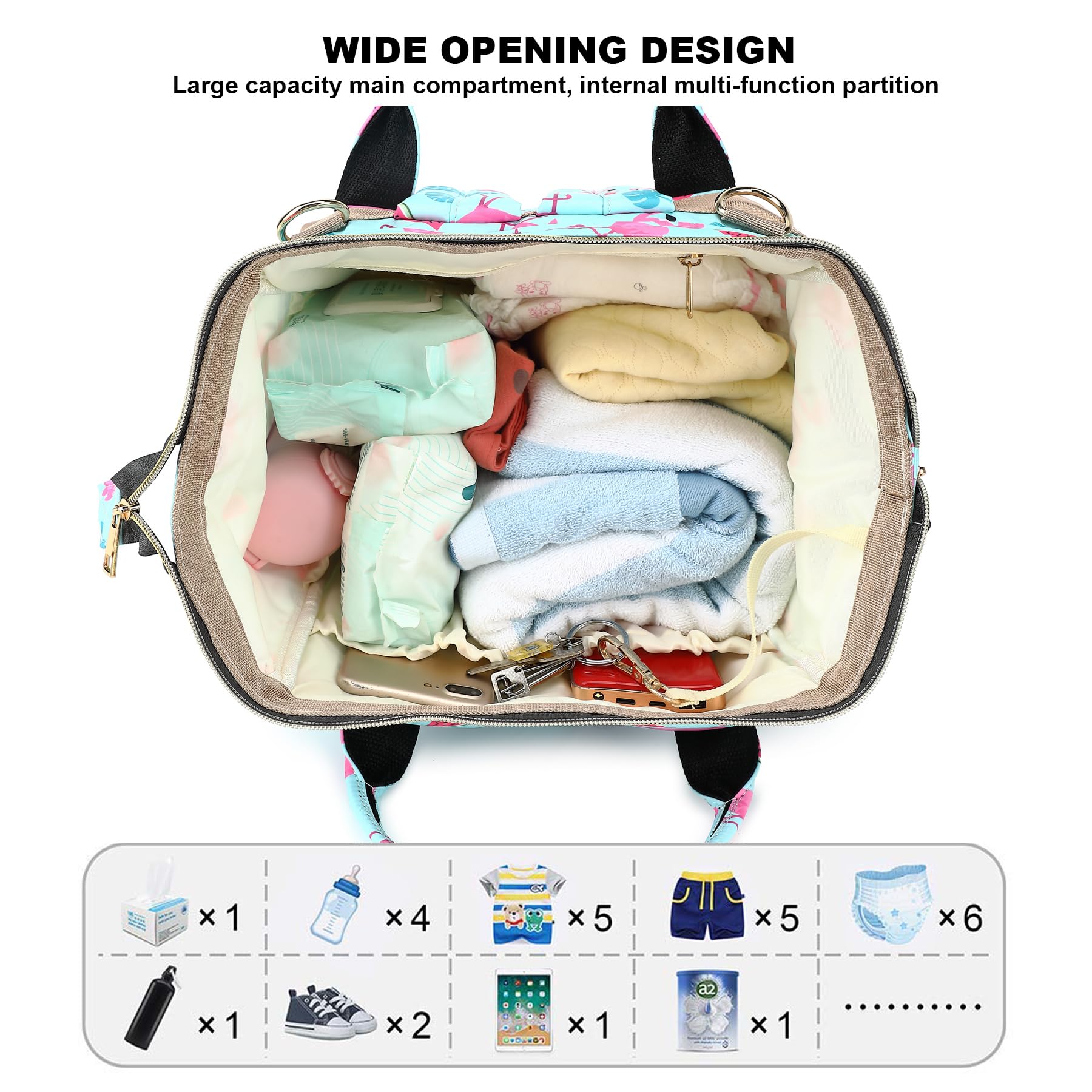 Changing Bag Backpack for Baby Girls Boys Large Capacity Multifunction Waterproof Maternity Mom Nappy Diaper Bags with Stroller Straps (Flamingo) - Image 3
