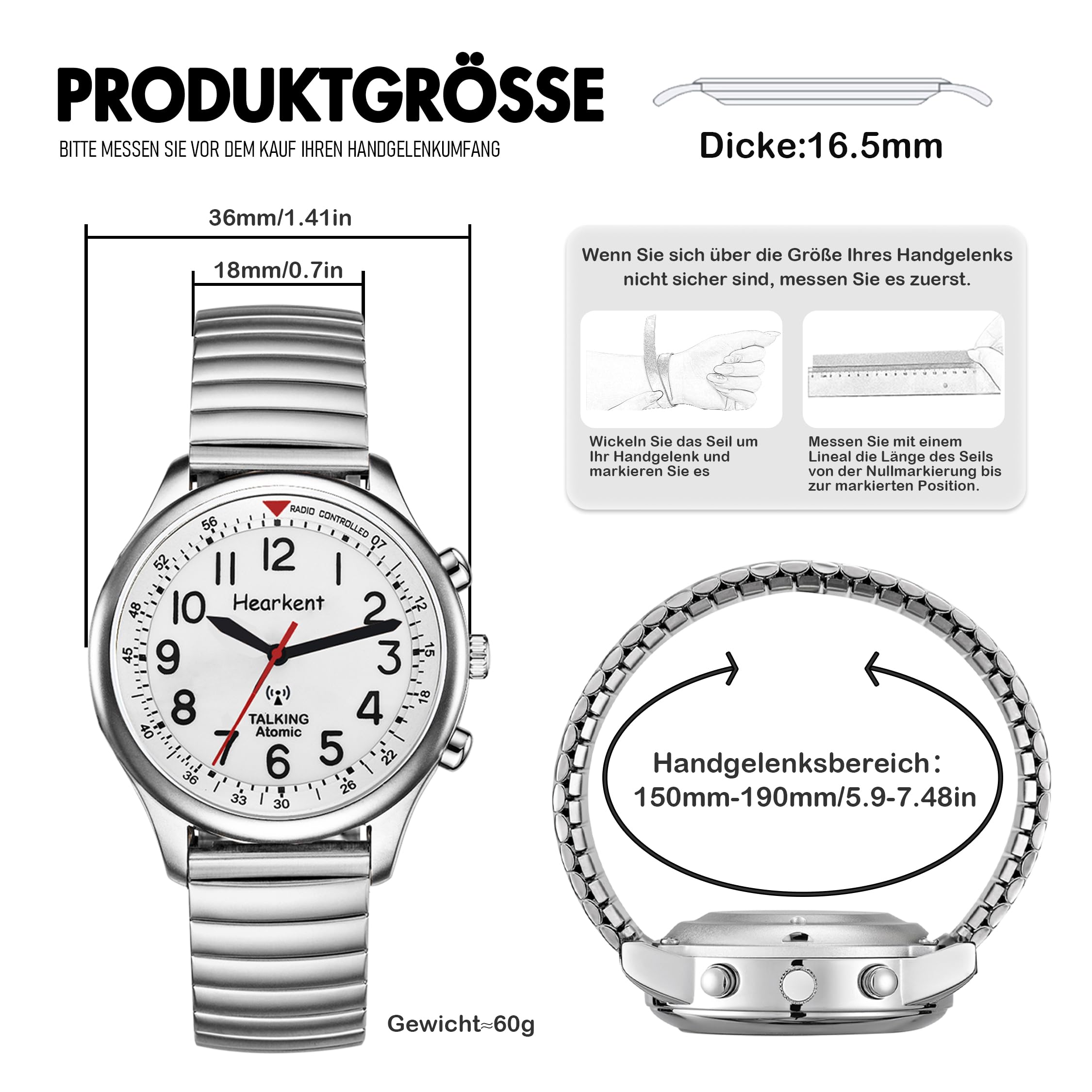Hearkent Orologio parlante da donna per anziani ciechi con disabilità visiva, voce forte e chiara, parla tedesco, argento, Bracciale