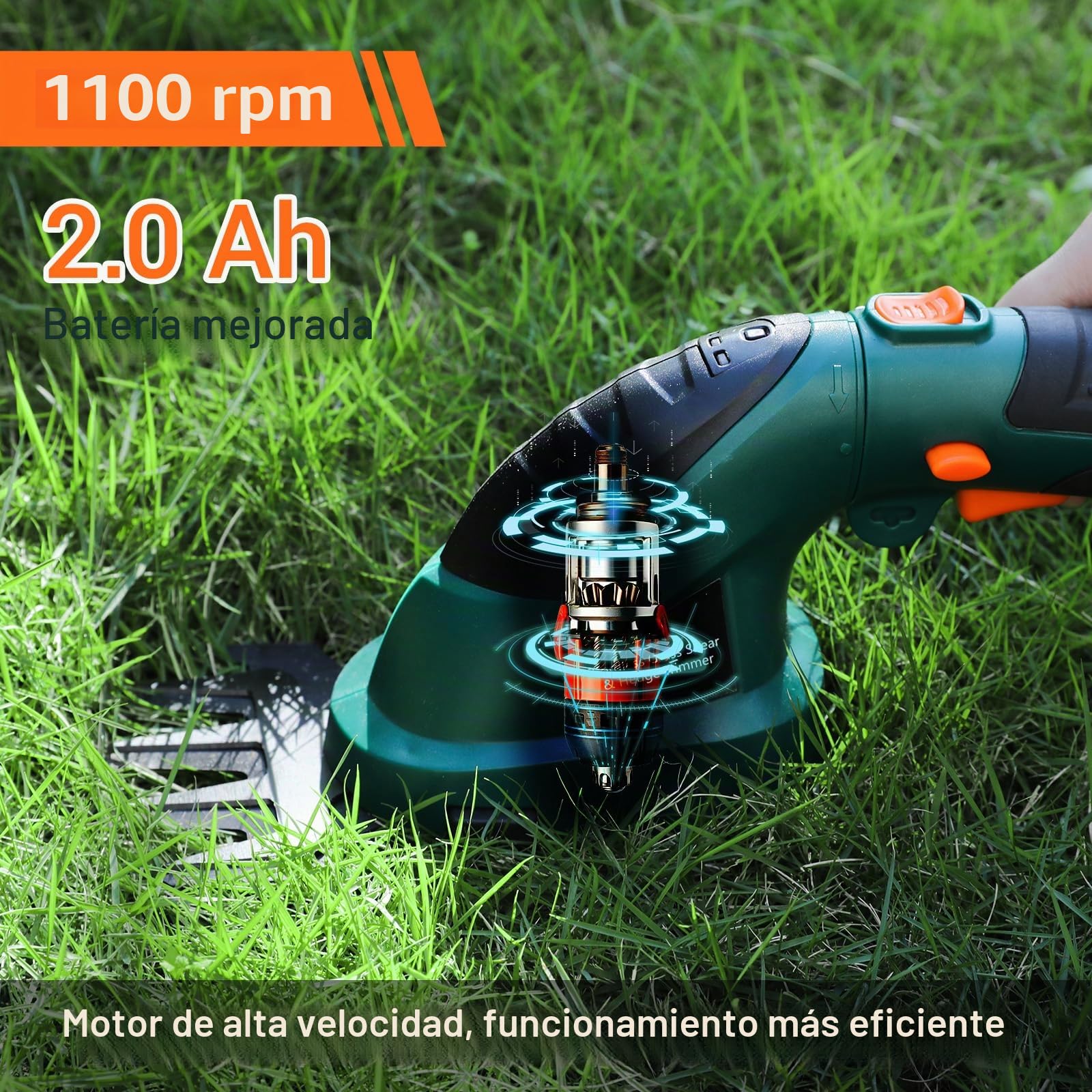 LIFERUN Tijeras de Césped con Batería 7,2 V, 2000 mAh, 2 en 1 Tijeras de Césped con Mango Telescópico, Batería Recargable y Cargador, para Césped de Jardín, desherbar, árboles, Verde Oscuro