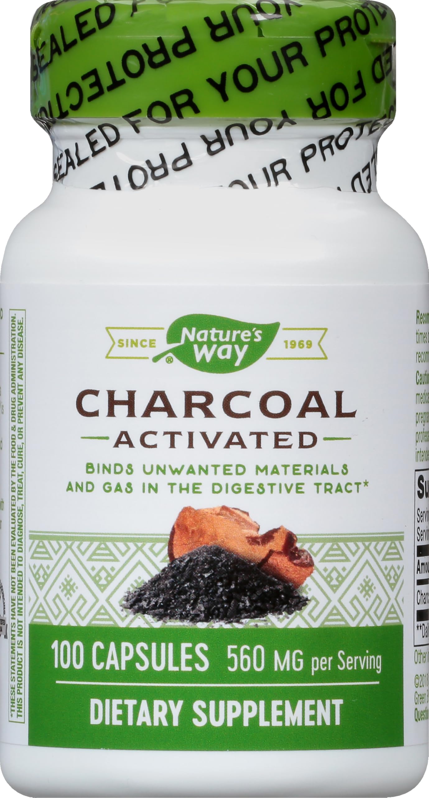 Nature's Way Activated Charcoal, Binds Unwanted Materials and Gas in the Digestive Tract*, 560 mg per 2-Capsule Serving, 100 Capsules (Packaging May Vary)