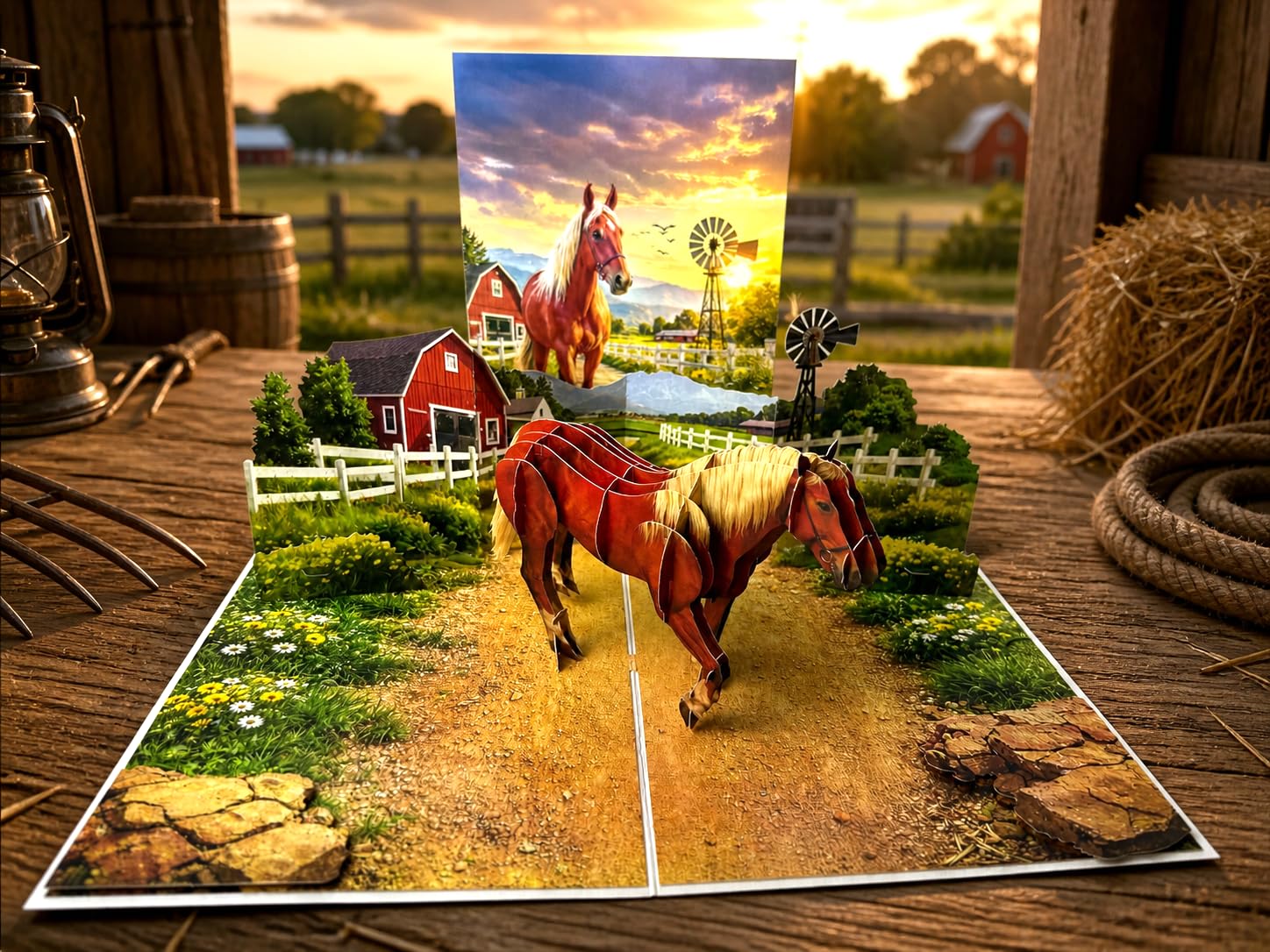 3D Pop Up Grußkarte - Pferde Bauernhof Szene mit Scheune & Landschaft - Handgefertigte Reitkarte zum Geburtstag, Vatertag, Pferdeliebhaber - Lasergeschnittene Ranch-Landschaft mit Umschlag