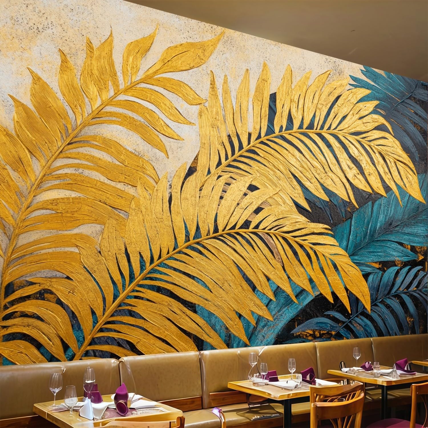 Papier peint panoramique feuille de palmier or pour transformer l'ambiance du salon