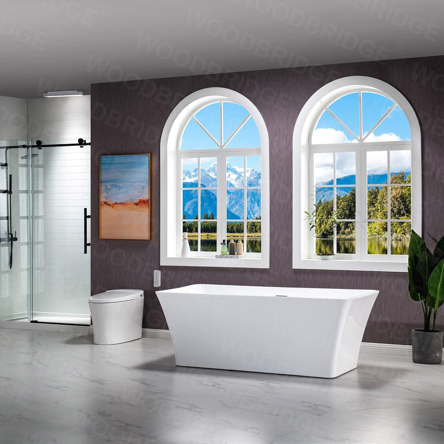 WOODBRIDGE 67" Acrylic Freestanding Bathtub Contemporary Soaking White Tub with Matte Black Overflow and Drain，BTS1609 -MB-Drain &O