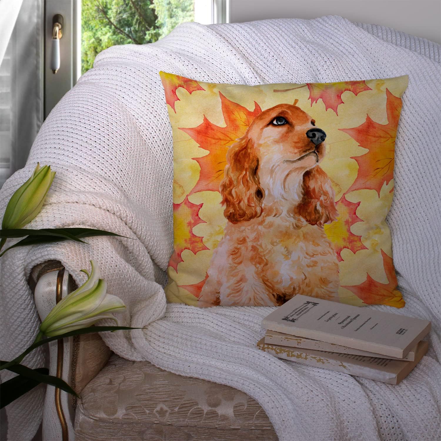 Caroline's Treasures BB9967PW1414 Cocker Spaniel Fall Fabric Decorative Pillow, Yellow Machine Washable, Indoor Outdoor Decorative Pillow for Couch, Bed or Patio, 14Hx14W