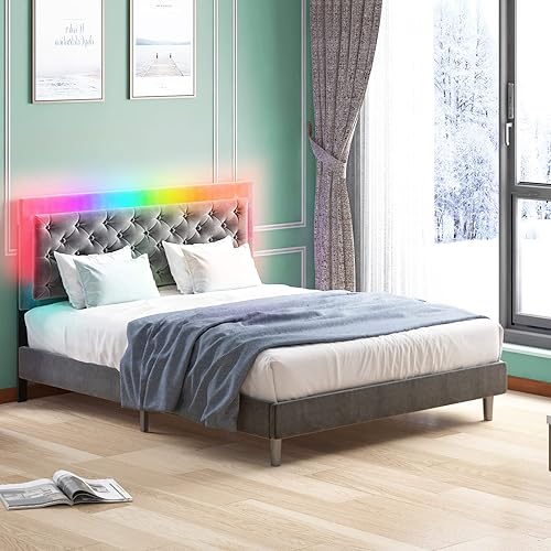 Marco de cama tamaño King, marco de cama LED RGB de terciopelo con cabecera ajustable, marco de colchón tapizado con cabecera capitonada con botones