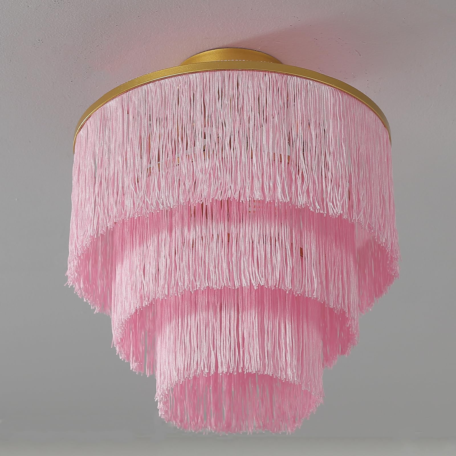 The Pink Chandelier Guide 2026 2 vivihobb 3-Tiered Pink Chandelier,3 Lights Boho Fringe Pendant Light Fixture,Tas — product photo