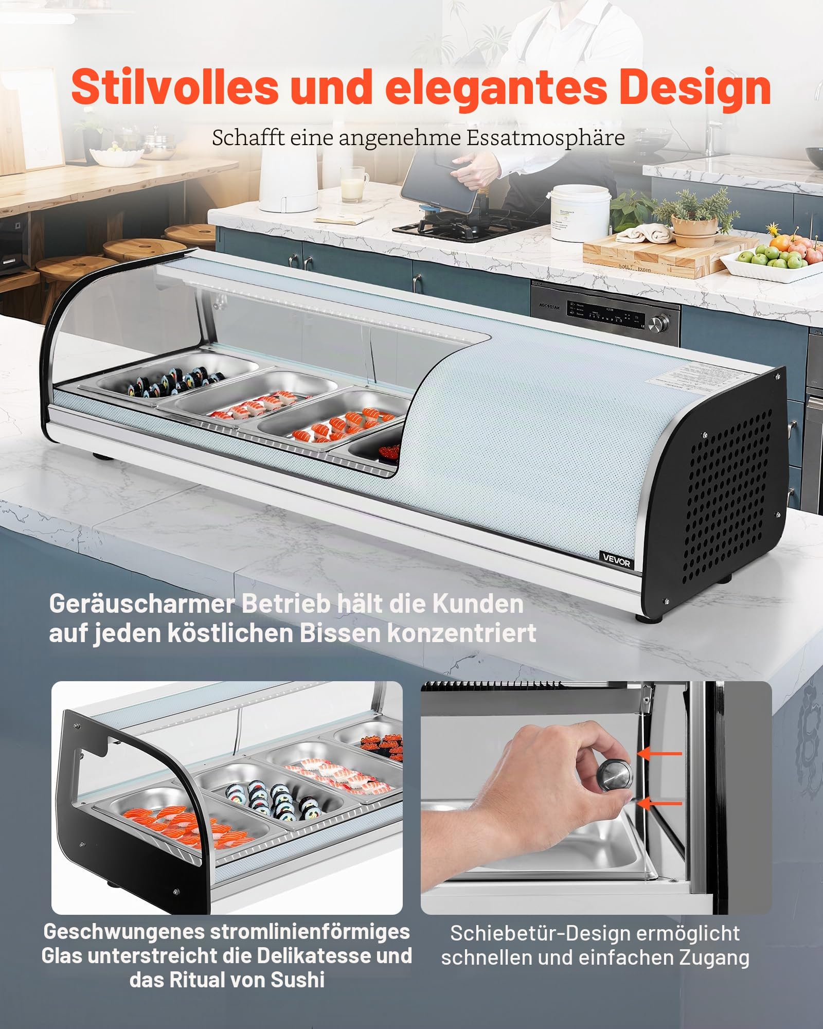VEVOR Sushi Kühlvitrine 42 L kommerzielle Vitrine Kühlaufsatzvitrine (4 Pfannen) mit gebogenem Glas & LED-Beleuchtung & digitaler Temperaturregelung, Kühlschrank für Theke Restaurant Geschäft