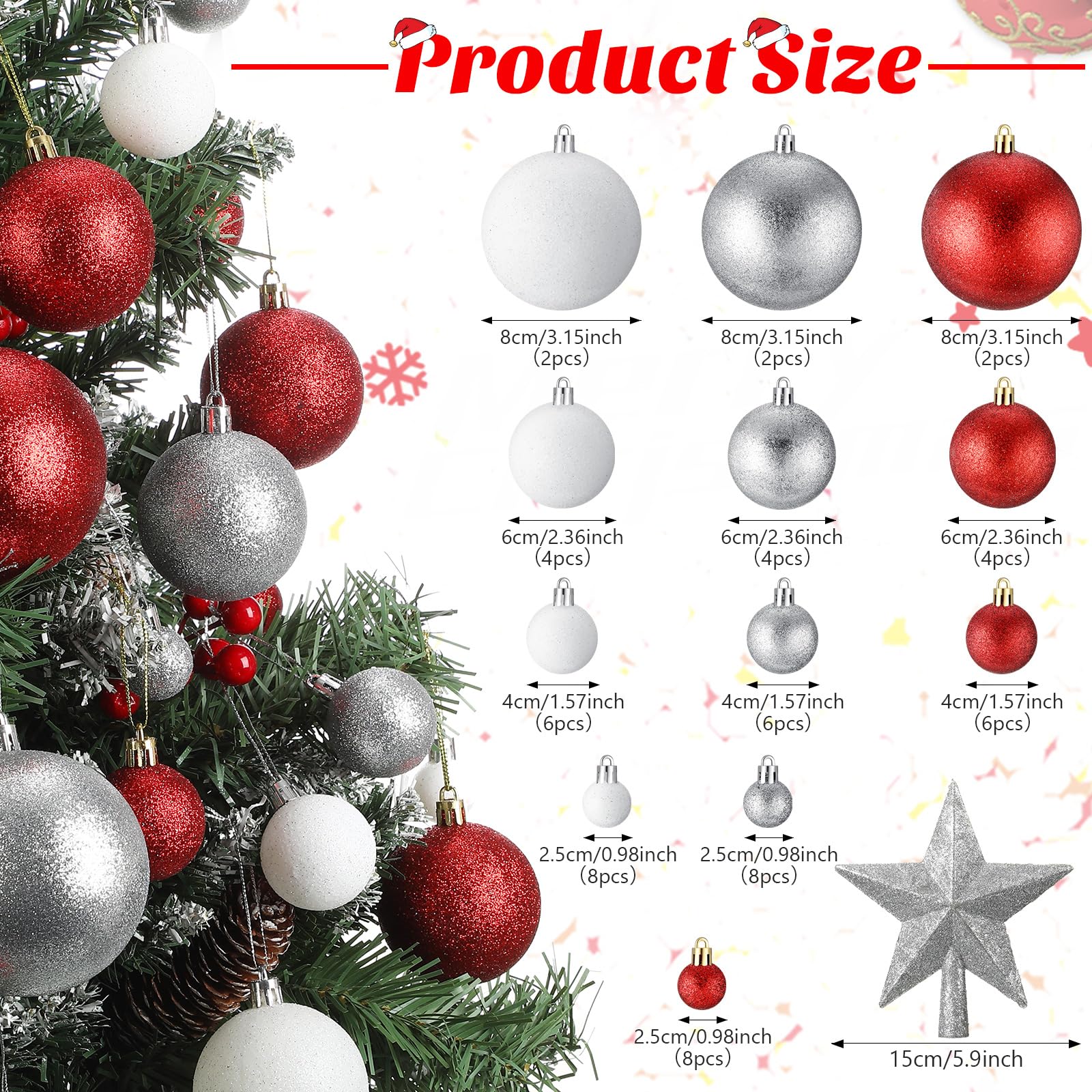 Outus Lot de 61 boules décoratives à paillettes incassables à suspendre pour sapin de Noël - 2,5 cm, 4,9 cm, 6,9 cm, 8 cm et étoile de sapin de Noël de 15,2 cm (rouge, blanc, argent)