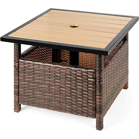 Amazon Com Best Choice Products Wicker Rattan Patio Side Table Outdoor Furniture For Garden Pool Deck W Umbrella Hole Uv Resistant Frame Brown Patio Lawn Garden