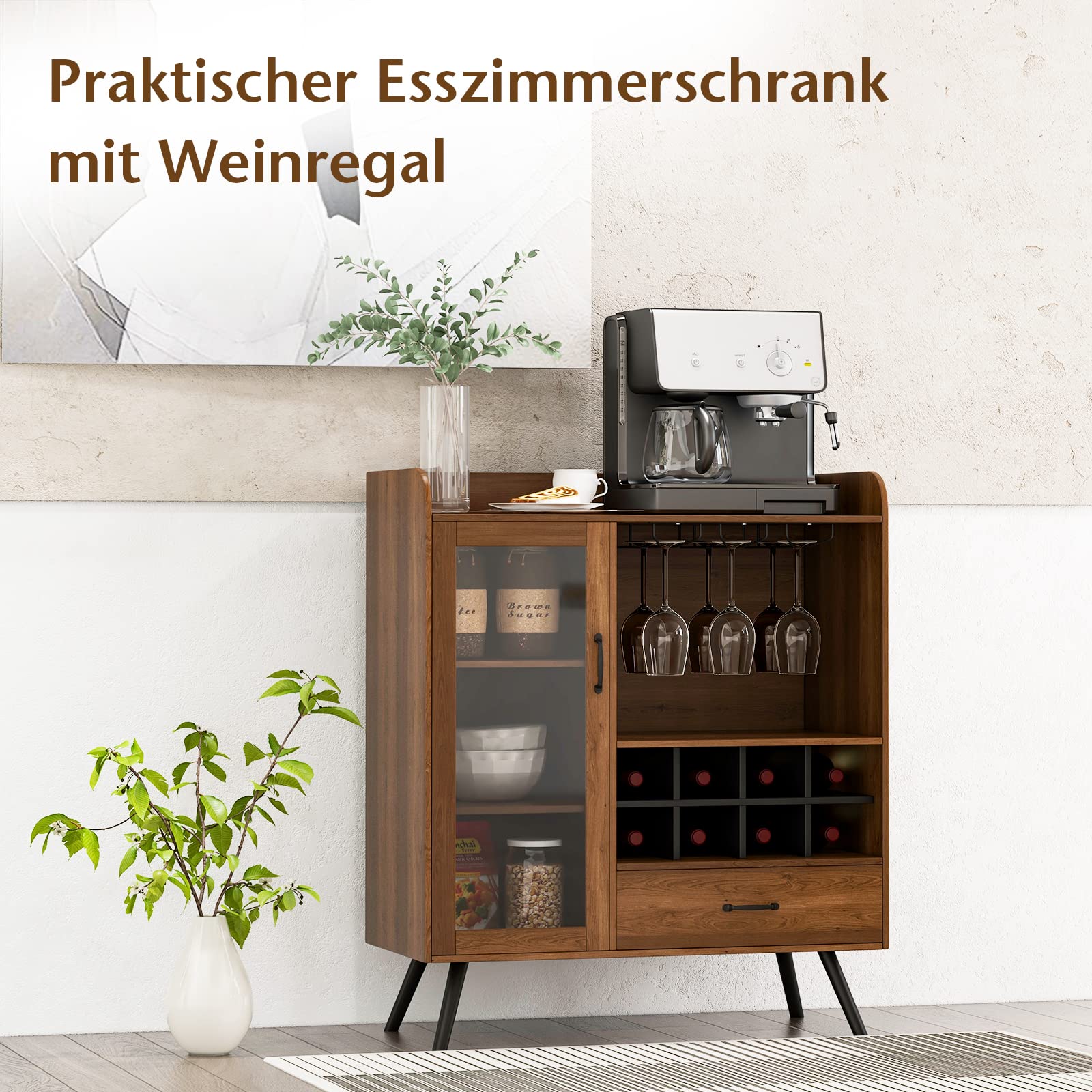 COSTWAY Küchenschrank, mit Weinregal und integrierten Glashaltern, Buffetschrank Holz, Sideboard mit Schublade & Glastür, Vintage, 80 x 40 x 95 cm