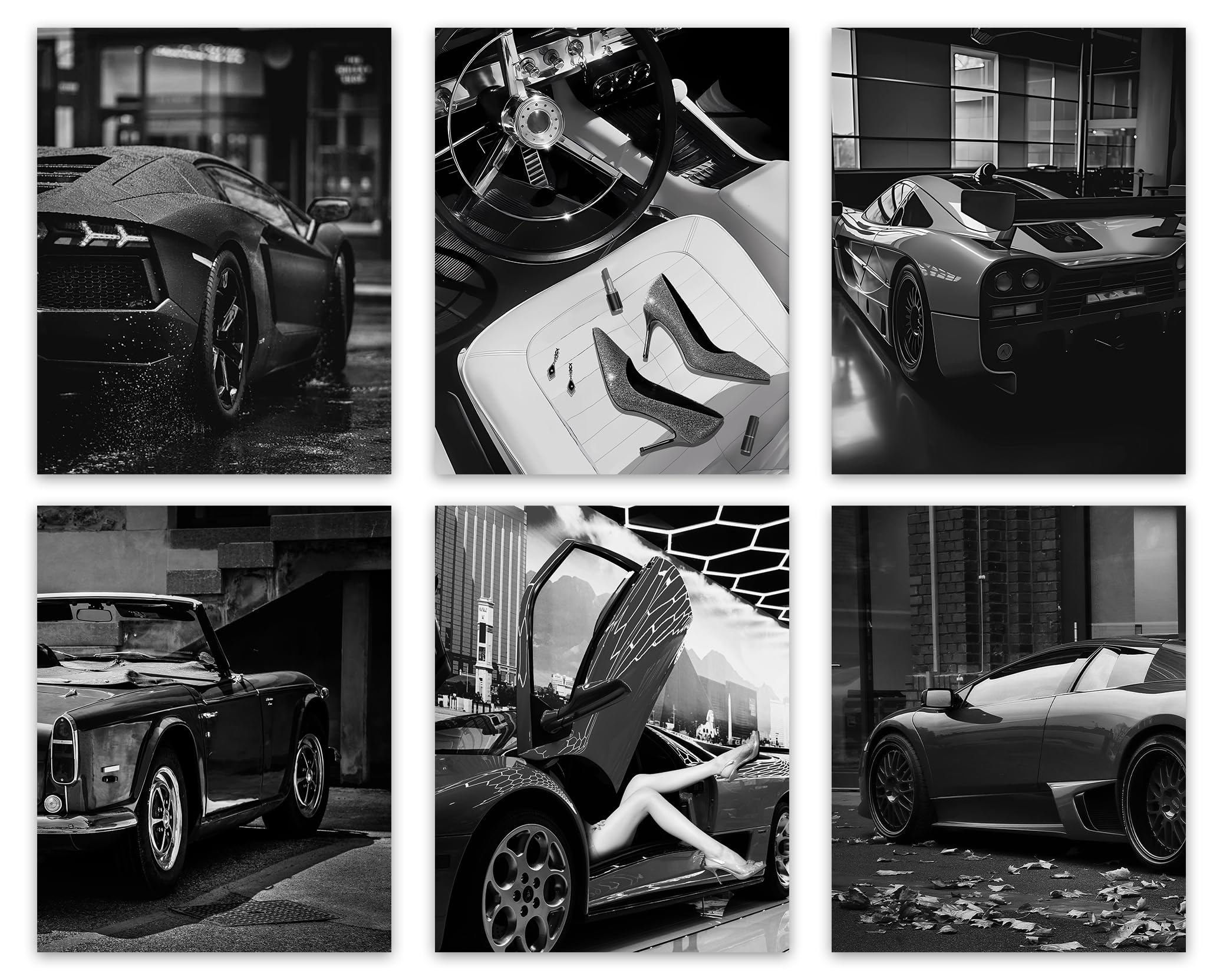 Black Car Poster Canvas Wall Art,Classic Supercar Art Prints,Supercar Aesthetics Decor,City Street Scenes and Luxury Sports cars Art Pictures for Office Bedroom Living Room,Set of 6 (8"X10" Unframed)