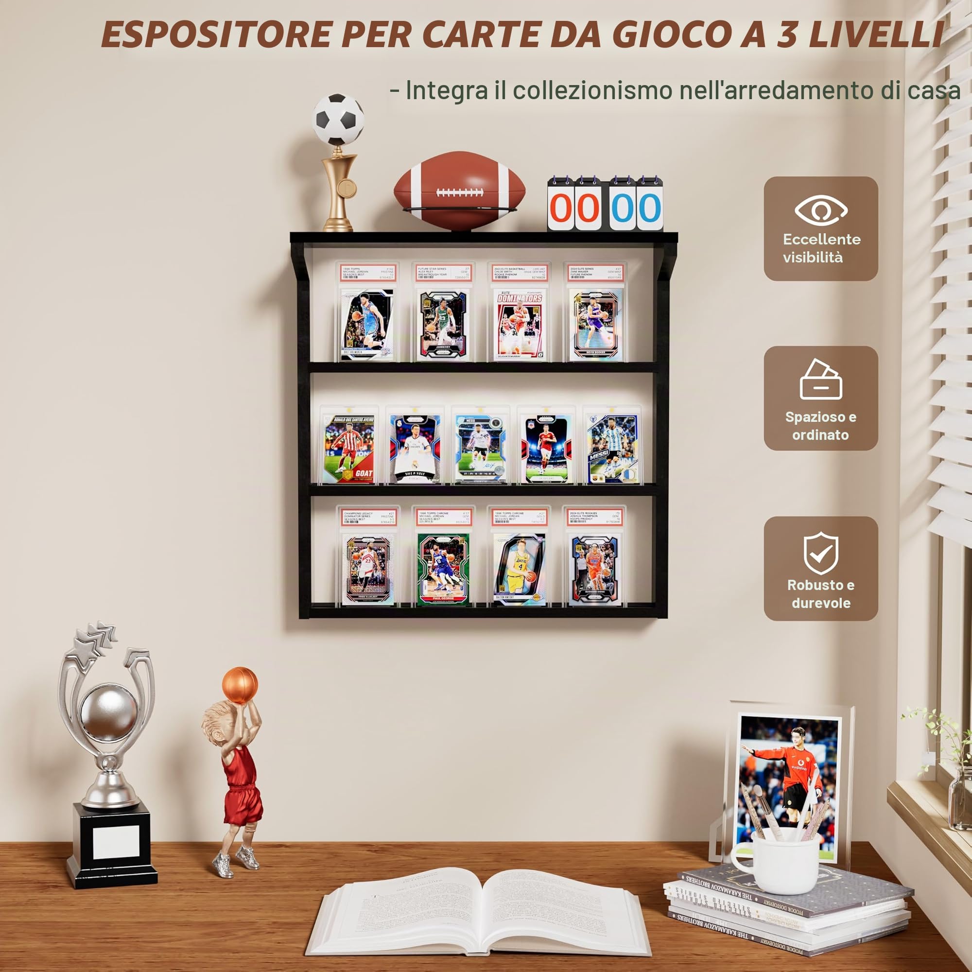 Portacard da Parete in Legno, 3 Livelli Espositore per Card Sportive e Collezionabili, Card Portacollezionabili per Appassionati di calcio e collezionisti (Nero)