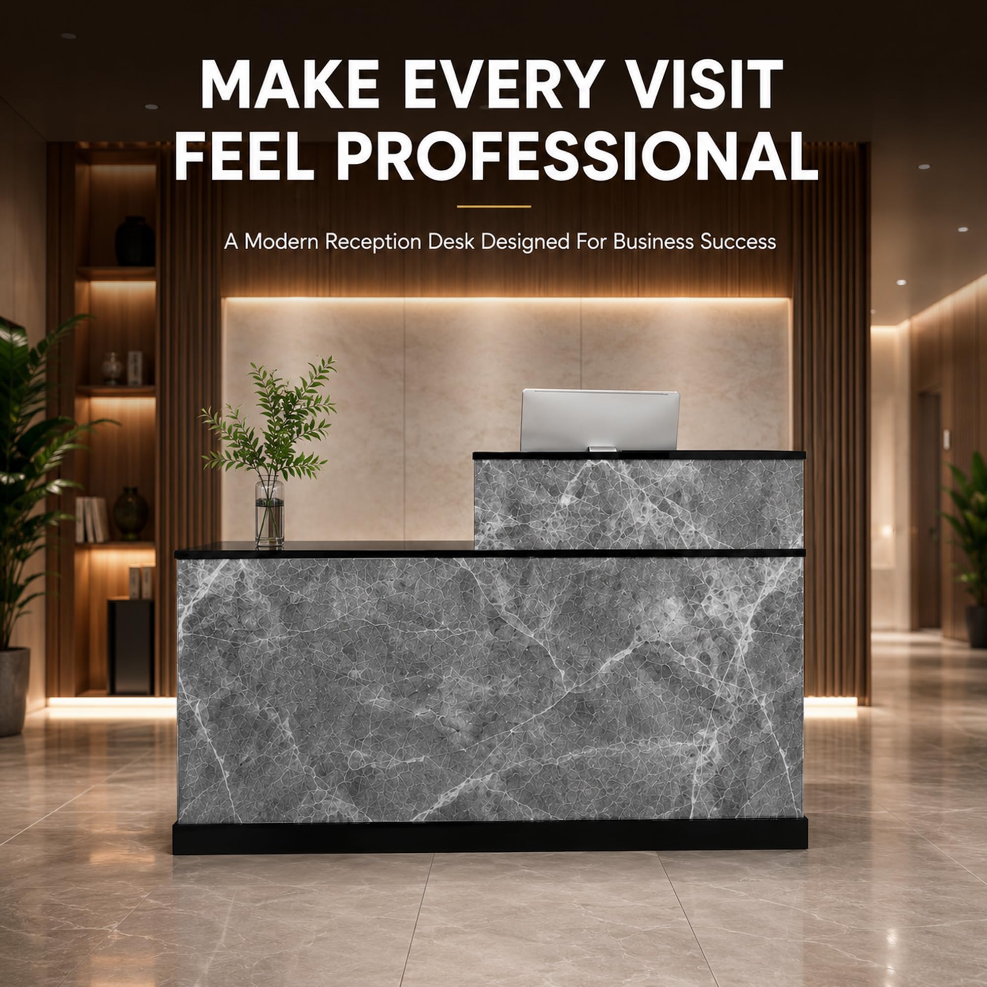 JSLJDM Mostrador Recepción 160 cm con Cajón con Cerradura y Estantes, Mostrador Moderno Efecto Mármol para Oficina, Tienda, Salón de Belleza y Recepción Left