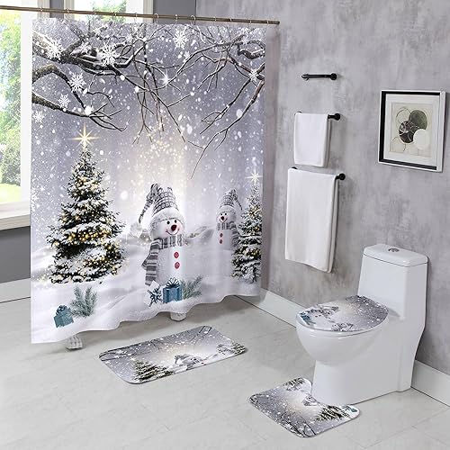 Miniatura 10 de Juego de 4 cortinas de ducha de invierno de Navidad con alfombras, bosque nevado y país de las maravillas, juego de baño con ciervos, decoración de