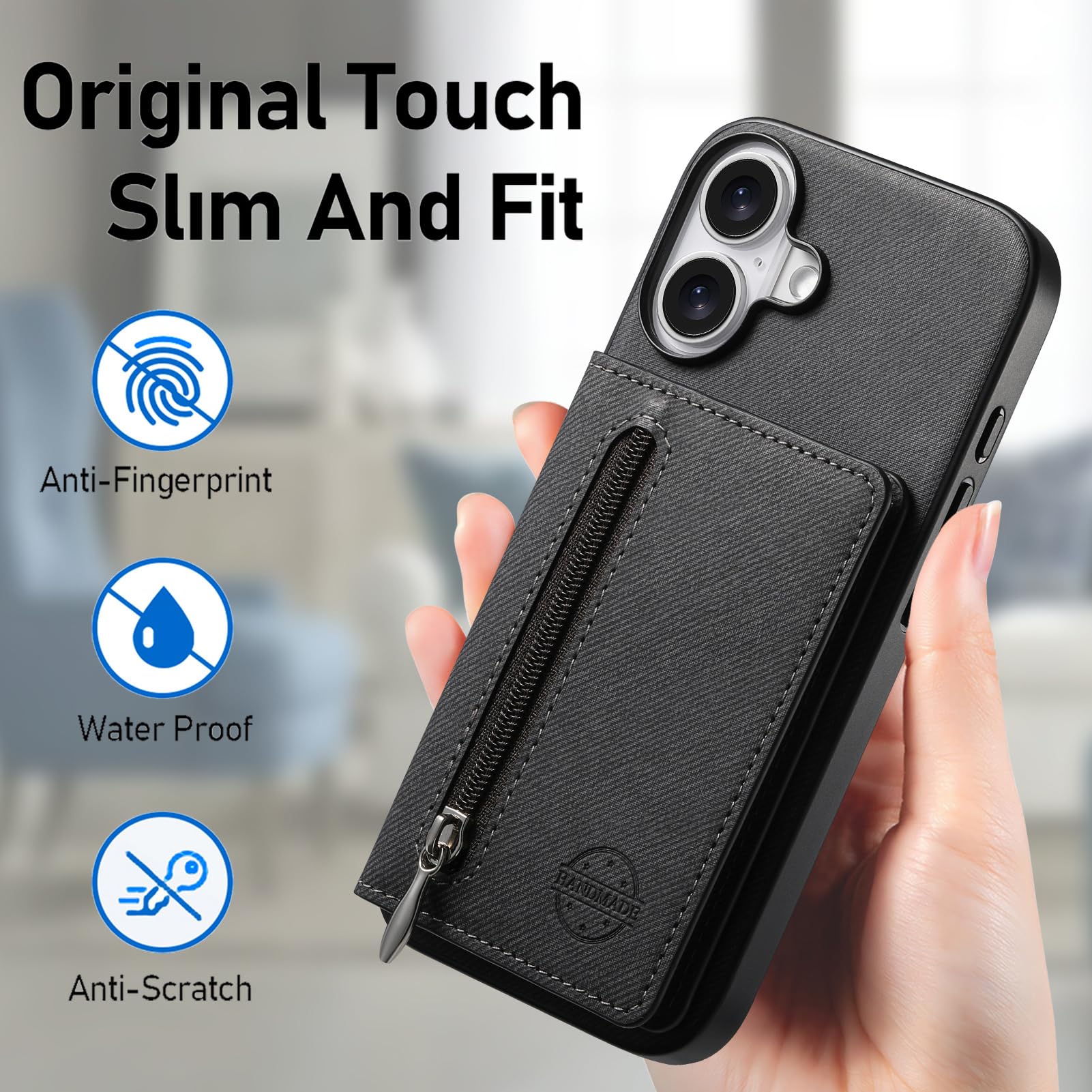 Smukłe etui do iPhone 16 Pro Max/16 Pro/16 Plus/16, skórzane etui z przegródkami na karty, blokada RFID, etui z klapką, podpórka, etui na telefon komórkowy, styl biznesowy, szary, 16 Pro Max
