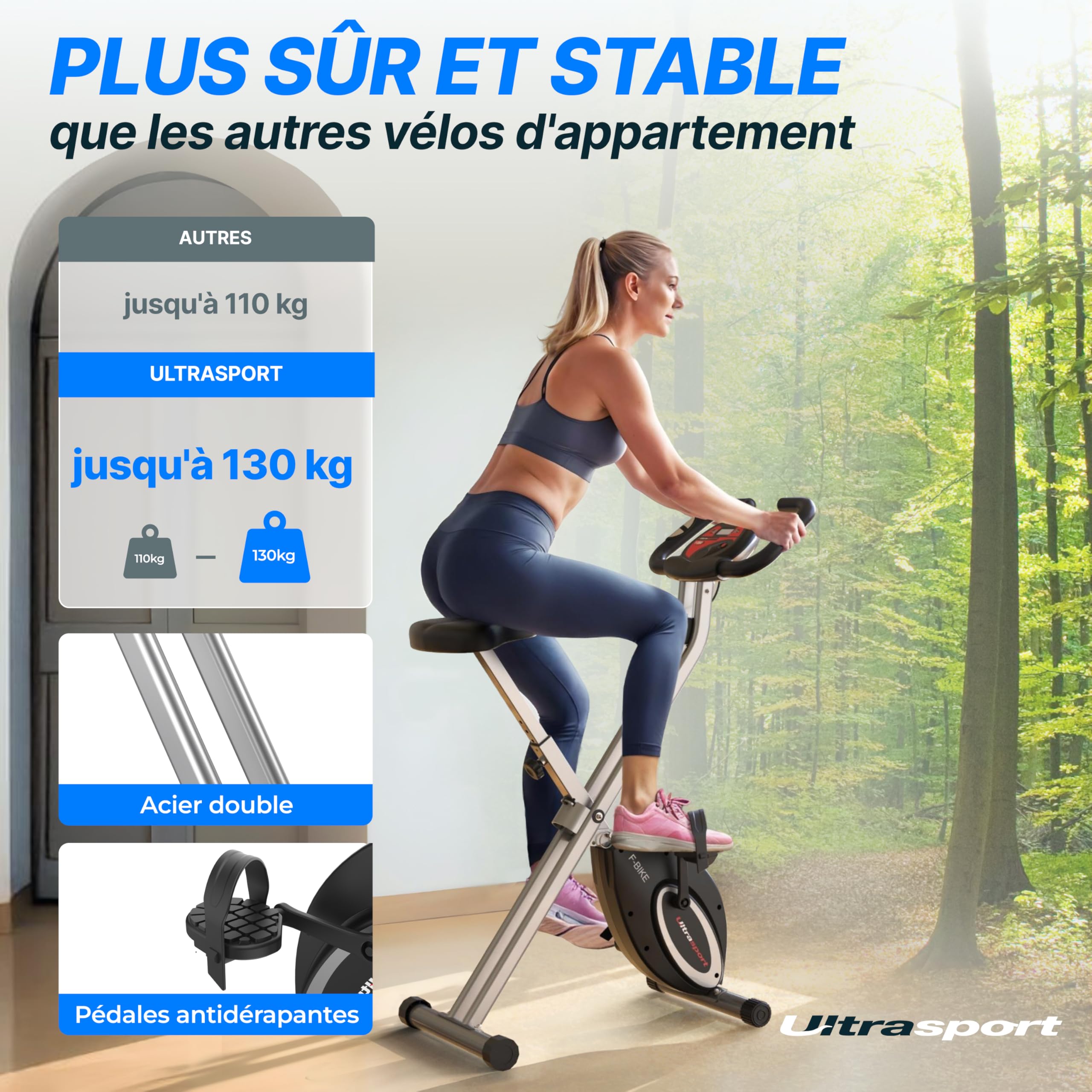 Ultrasport F-Bike Vélo d’Appartement Pliable I Extra Silencieux jusqu'à 130 kg avec Selle Confort, Velo d Appartement Pliable