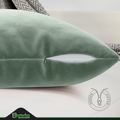 Miniatura 3 de NEATERIZE Juego de 2 fundas de almohada de terciopelo de alta calidad de 12 x 20 pulgadas, color verde salvia, fundas de almohada de tela decorativa