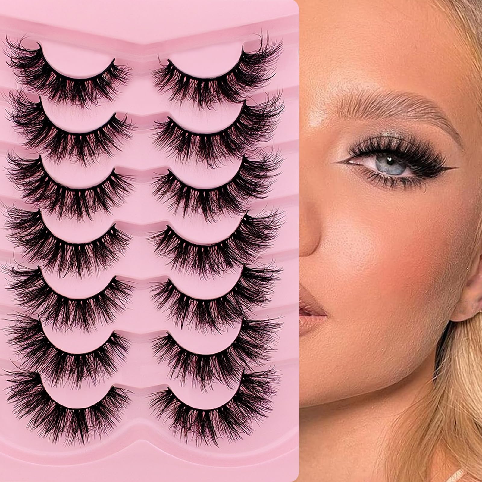 7 Paare 3D Falsche Wimpern Katzenauge, Flauschiges Volumen Curly Cat-Eye Künstliche Wimpern Natürlich Look, Wiederverwendbar Handgemacht Faux Mink Make-up-Wimpern(7P-XK05)