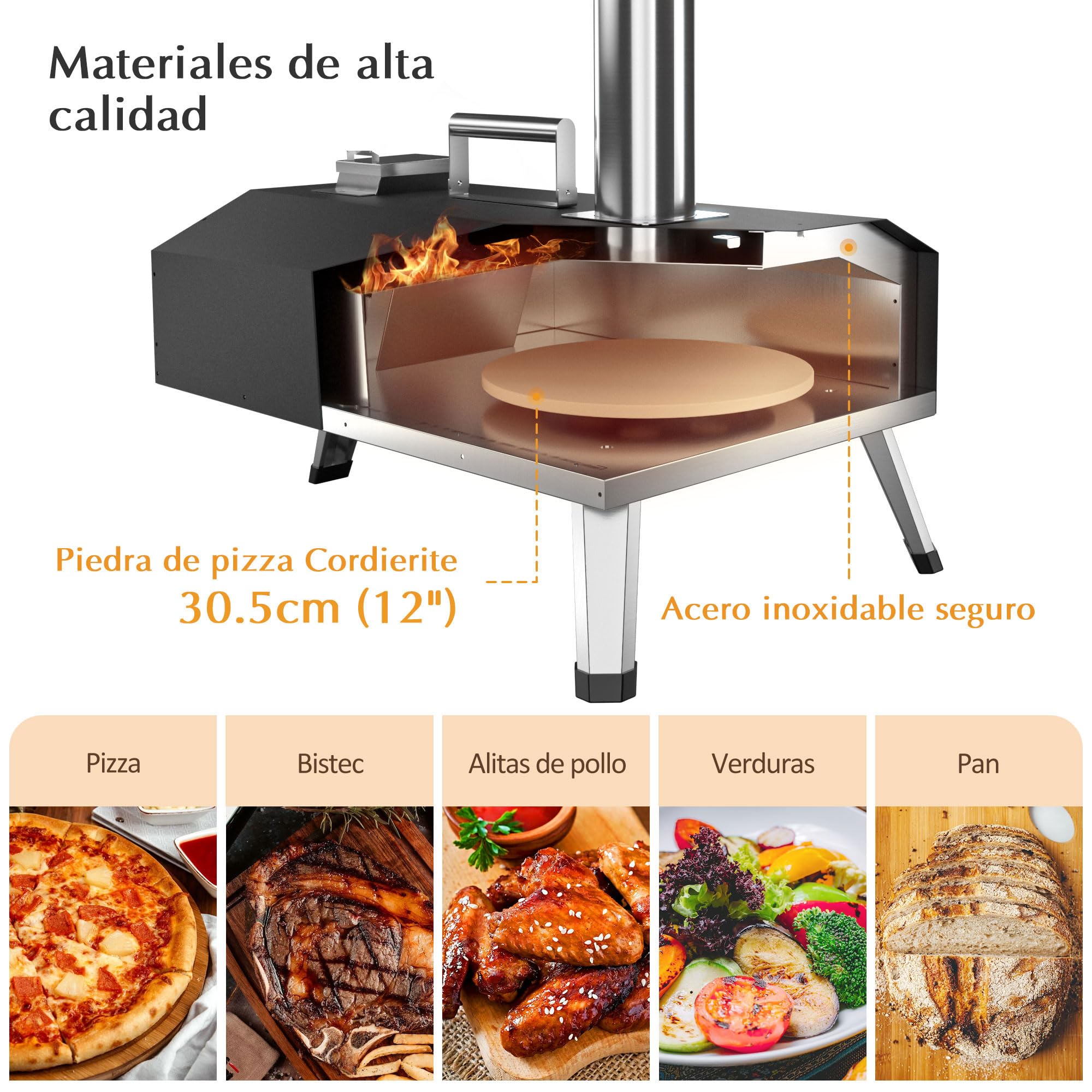 Horno de Pizza 12 Pulgadas: KitchenBoss Horno Leña de Pizza para Exteriores Temperatura Máxima 500 ℃ Horno Leña de Pizza Portátil al Aire Libre Combustible Madera Carbón para Camping Jardín Parque