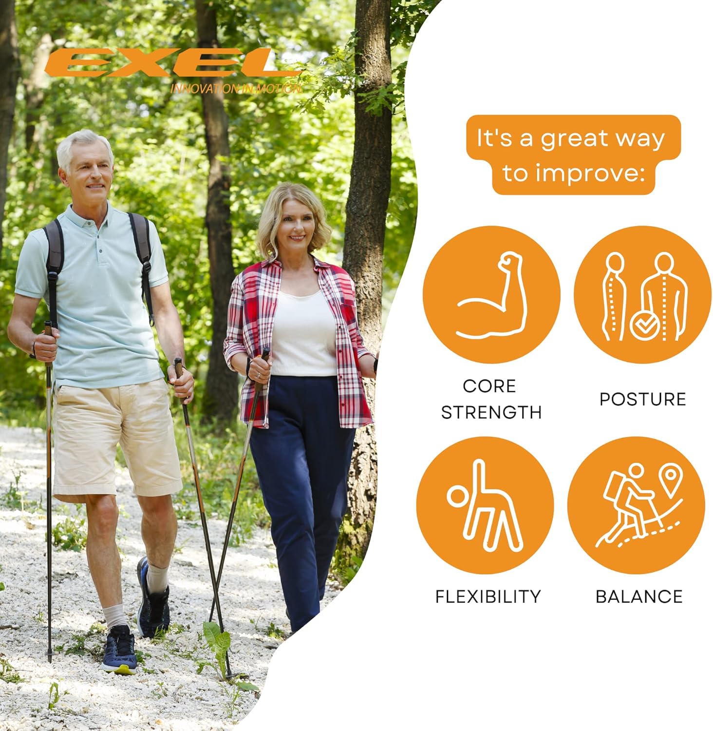 Exel Nordic Walking Poles | Premium Trekking Poles for Hiking, Walking, and Fitness Activities, Collapsible and Adjustable Sturdy Walking Sticks for Balance and Posture (Black/Orange) | Set of 2 Poles