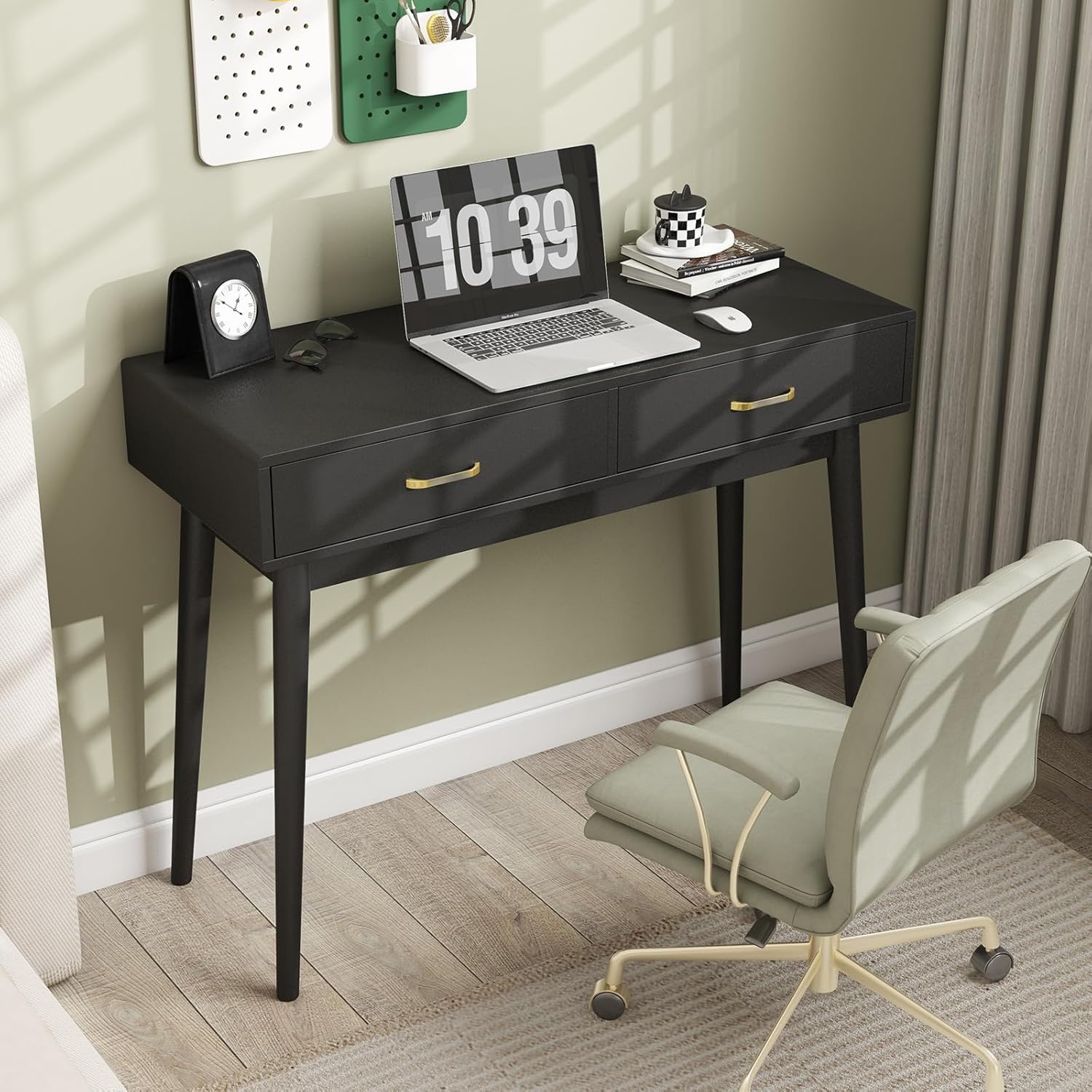 Small Black Desk with Drawers - 40 Inch Home Office Study Writing Desk for Bedroom, Vanity Desk with 4 Solid Legs, Modern Computer Desk for Small Spaces (Balck)