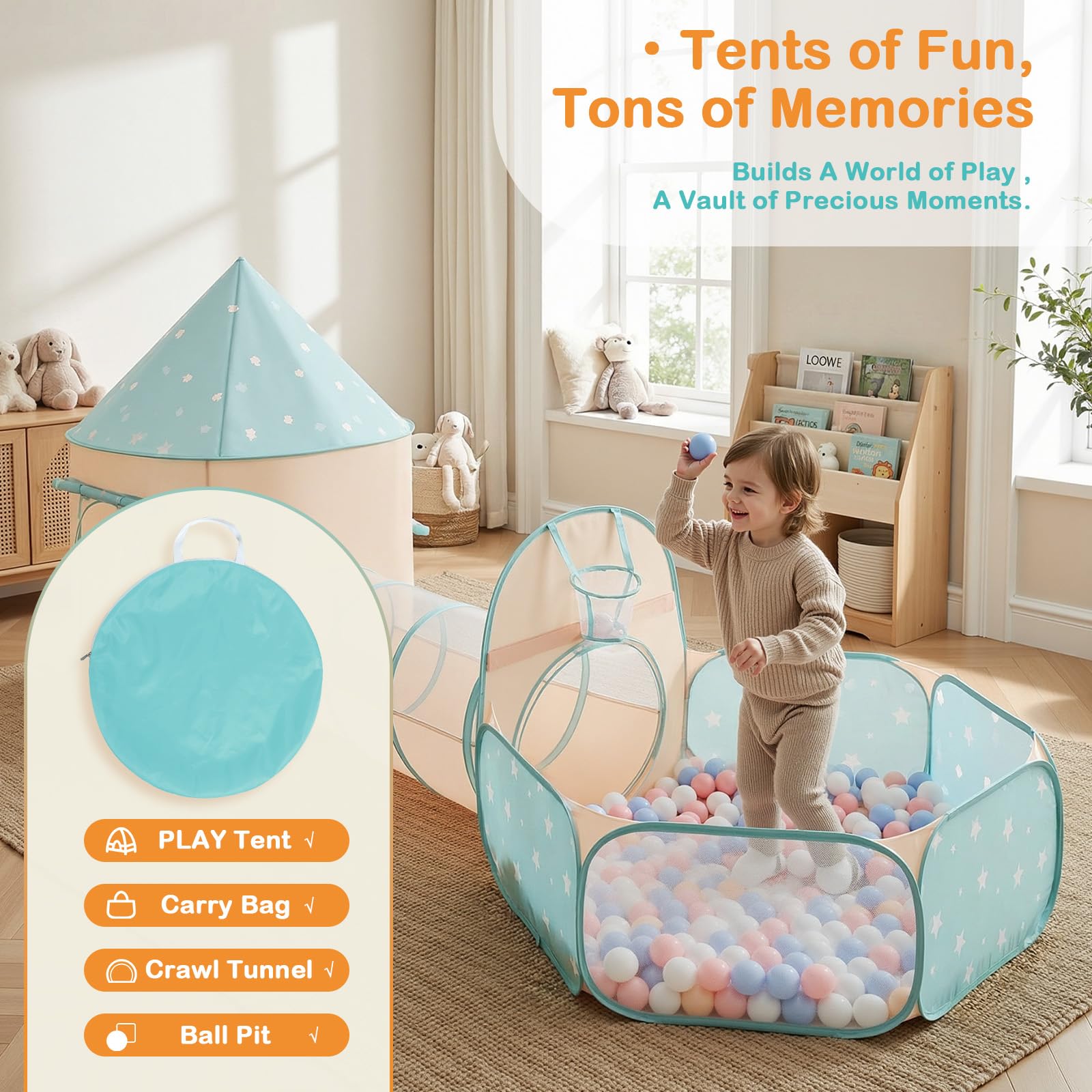 SISTICKER 3 en 1 Pop-up Tunnel Tente Enfant: Tente de Jeux Enfant Interieur Extérieur Piscine a Balle pour Bébé - des Jouets et des Cadeaux Portables et Amusants(Orange Green)