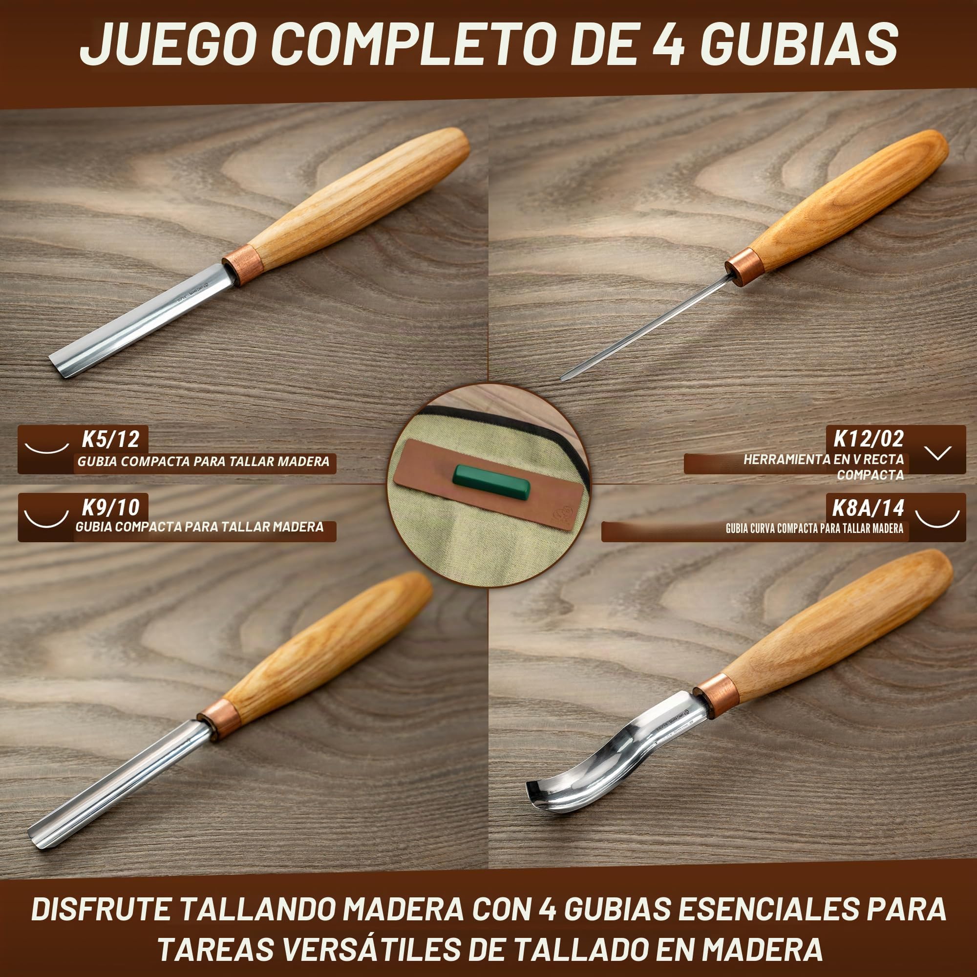 BeaverCraft, Juego de Cinceles para Tallar Madera SC01 Kit de Herramientas para Tallar Madera en Bolsa Rodante con Kit de Compuesto para Pulir de Cuero Gubias Radiales Cinceles Planos Gubias Dobladas