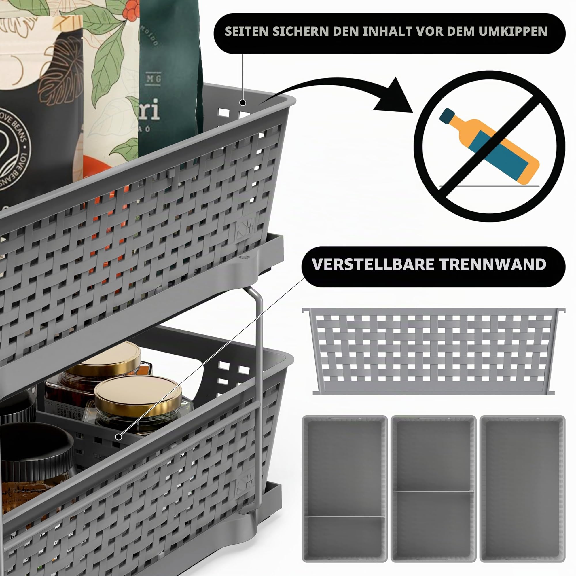 Simple Houseware 2-stöckiges Badezimmer-Organizer-Tablett, ausziehbare Schublade/Aufbewahrung unter der Spüle, Grau