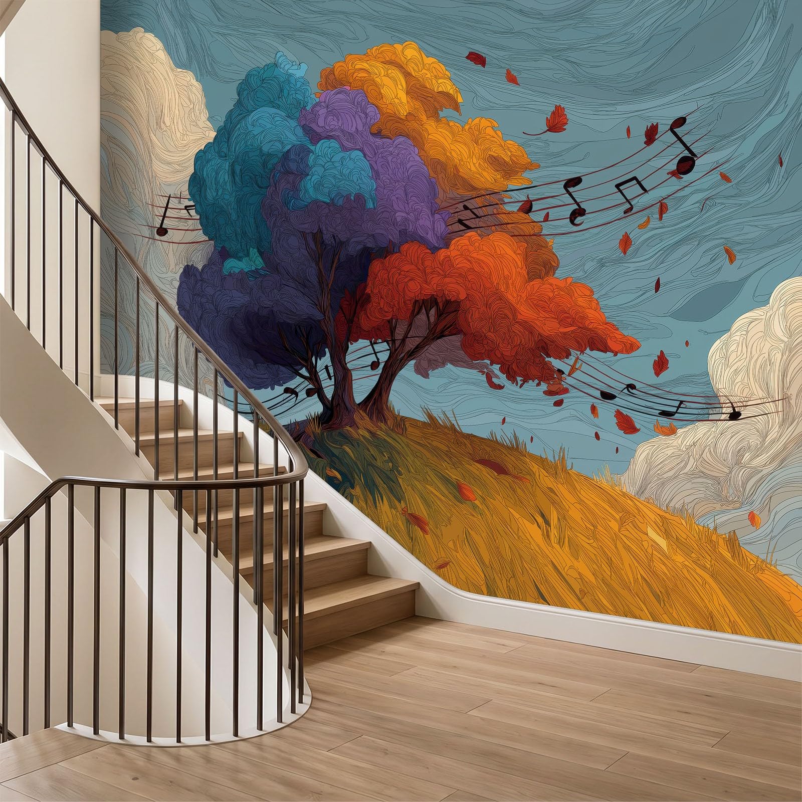 Graffiti, ulica, panoramiczna tapeta, fototapeta, 200 szer. x 140 cm, fantazyjna sztuka, nuta muzyczna, drzewo botaniczne, plakat ścienny, tapeta do salonu, sypialni, przedszkola, pokoju zabaw, efekt
