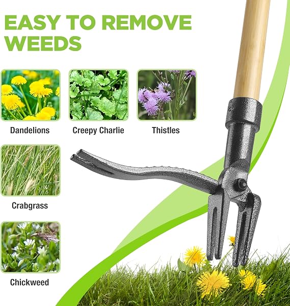 WORKPRO Weed Puller Tool with 44 Bamboo Handle, Heavy-Duty 4-Claw Cast Iron Head, Stand-Up Weeder with Foot Pedal for Dandelions, Thistles, Crabgrass, Easy Root Removal Without Bending or Kneeling