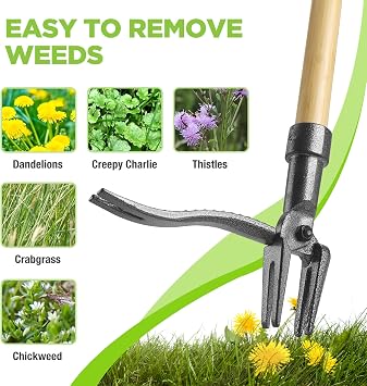 WORKPRO Weed Puller Tool with 44 Bamboo Handle, Heavy-Duty 4-Claw Cast Iron Head, Stand-Up Weeder with Foot Pedal for Dandelions, Thistles, Crabgrass, Easy Root Removal Without Bending or Kneeling